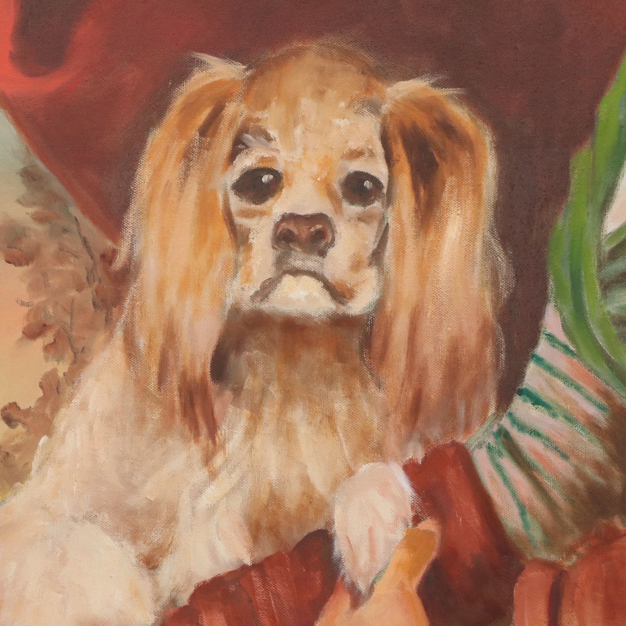 H. Soper Oil Portrait of Young Woman with Spaniel, Circa Early 20th Century