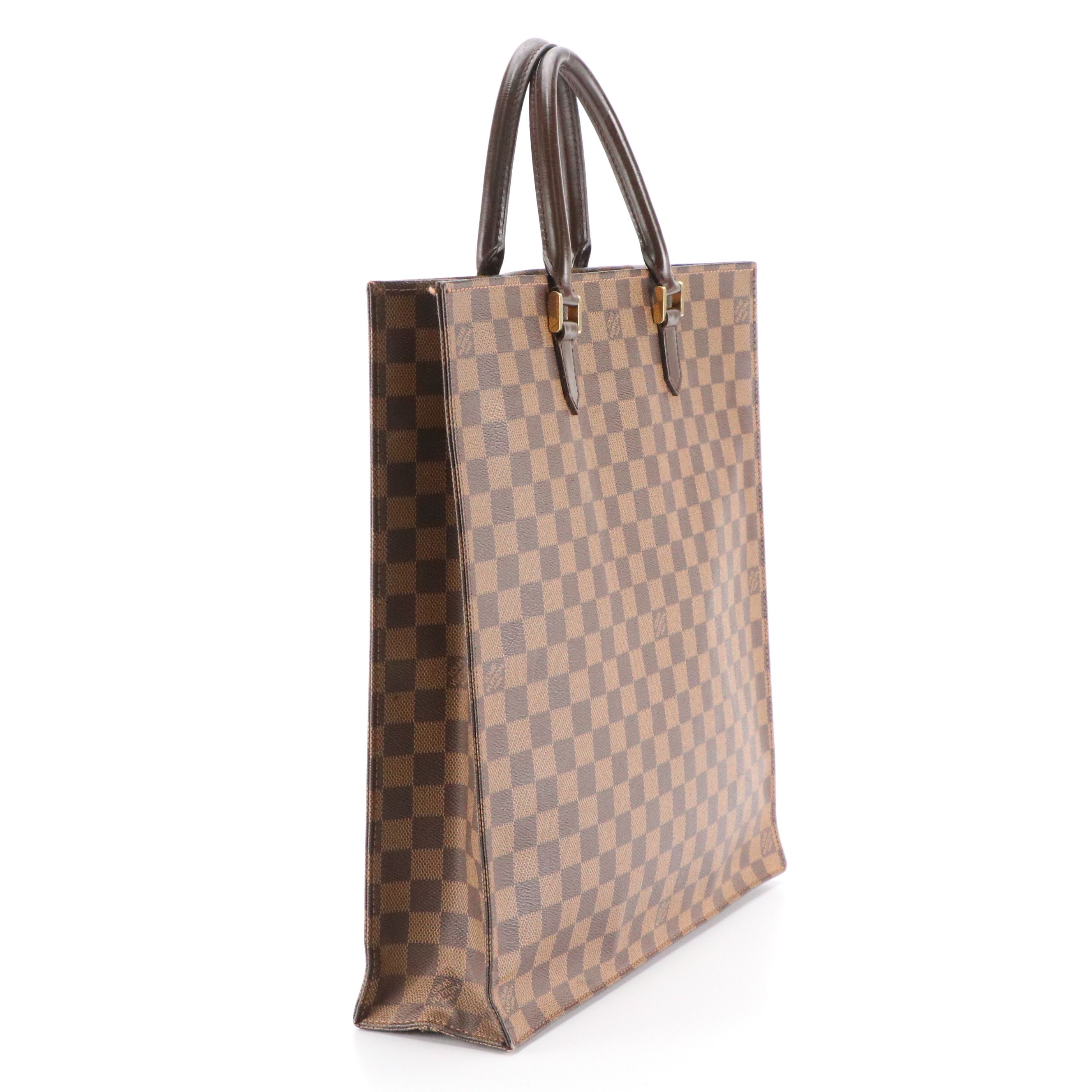Louis Vuitton Sac Plat Tote Bag in Damier Ebene Canvas and Brown Leather
