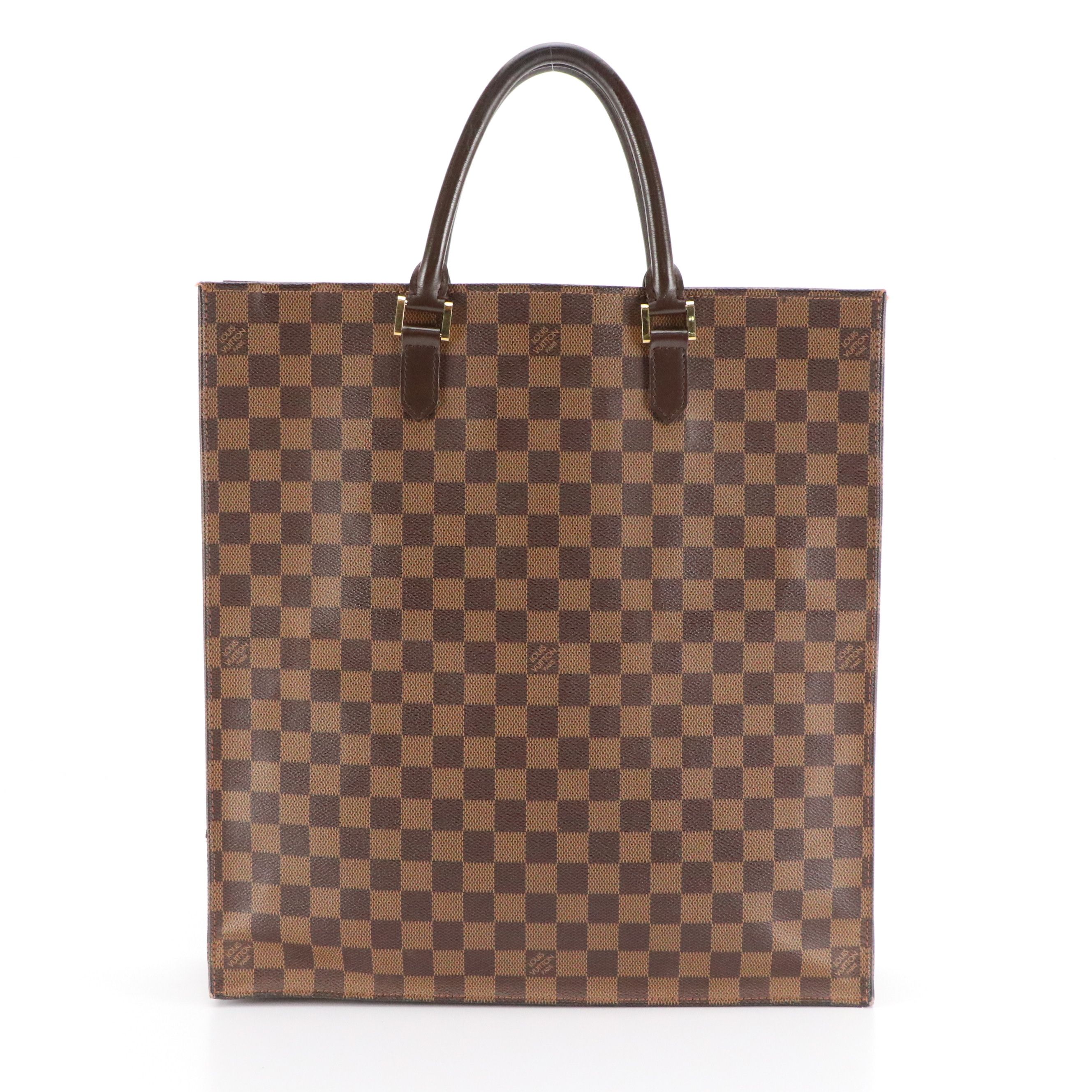 Louis Vuitton Sac Plat Tote Bag in Damier Ebene Canvas and Brown Leather