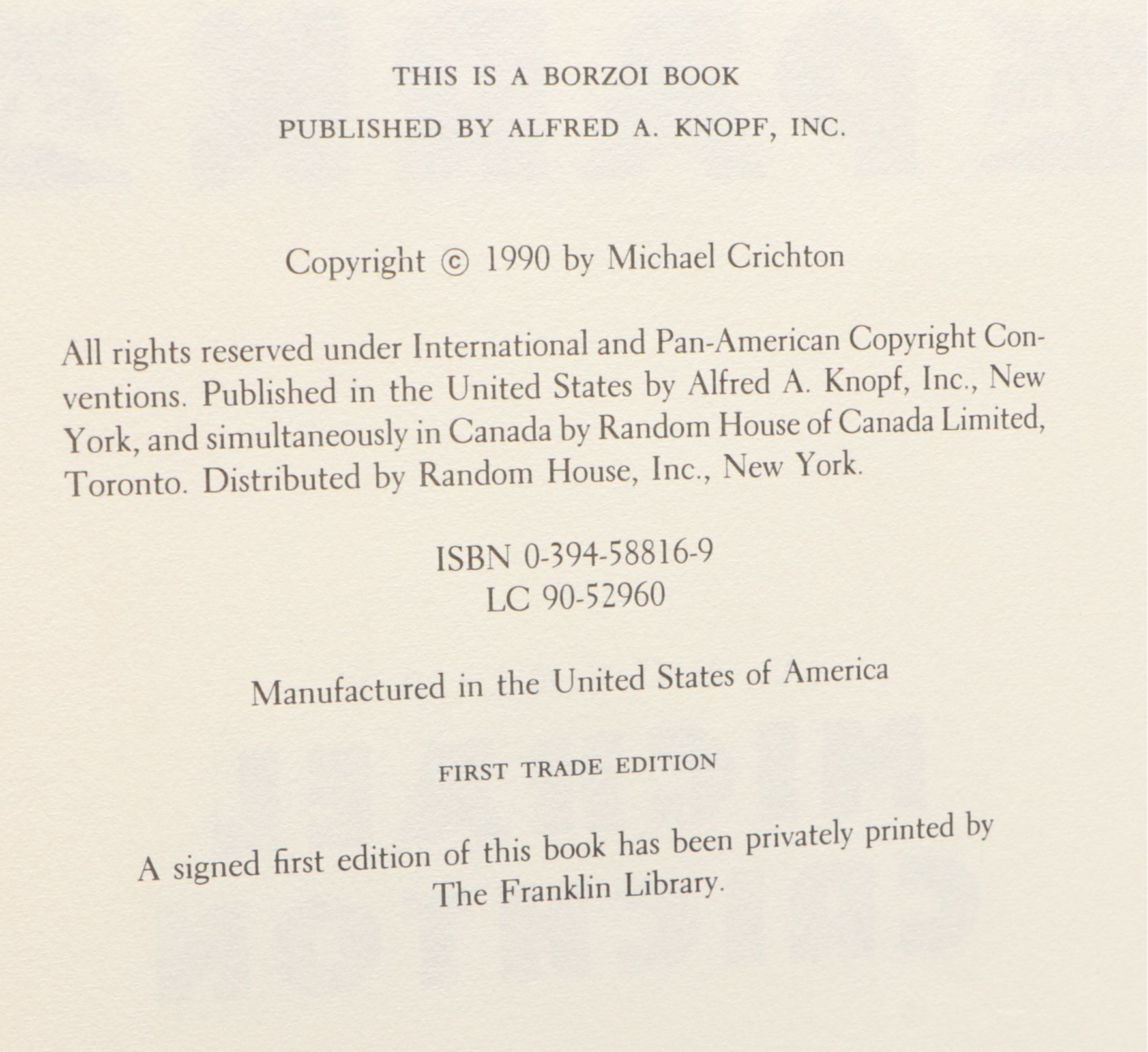 First Trade Edition "Jurassic Park" by Michael Crichton, 1990