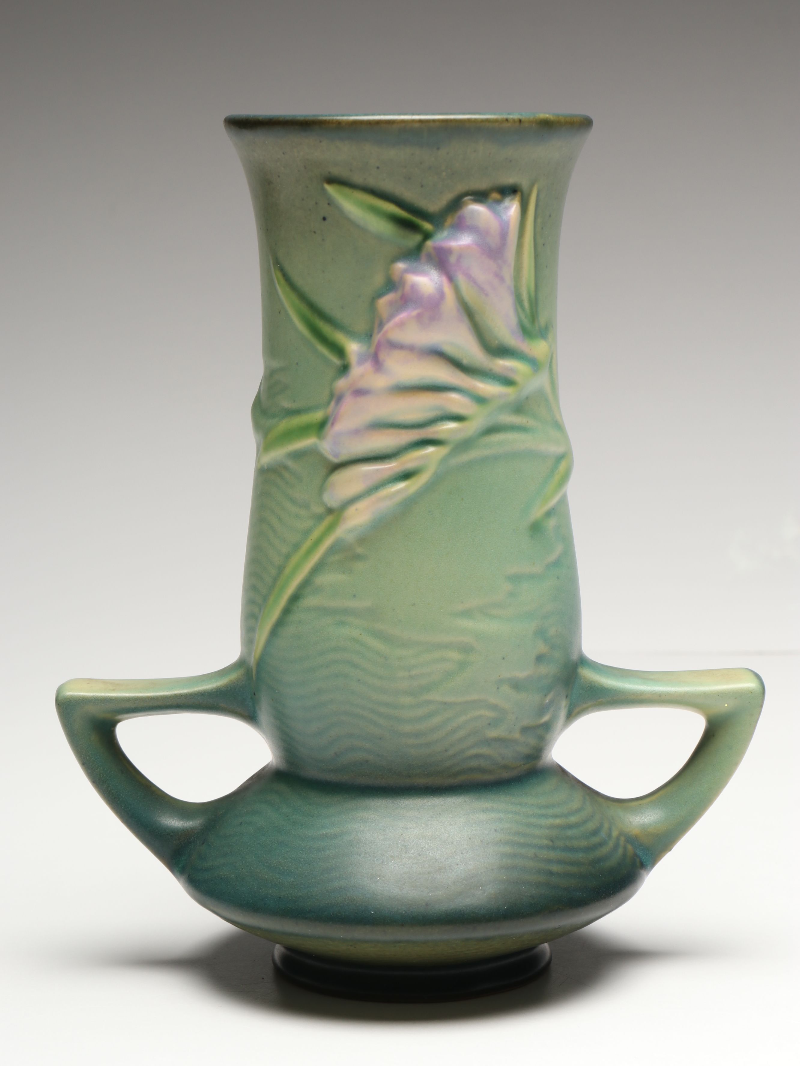 Roseville Pottery "Freesia" Green Ceramic Vase and Candle Holders, Mid-20th C.