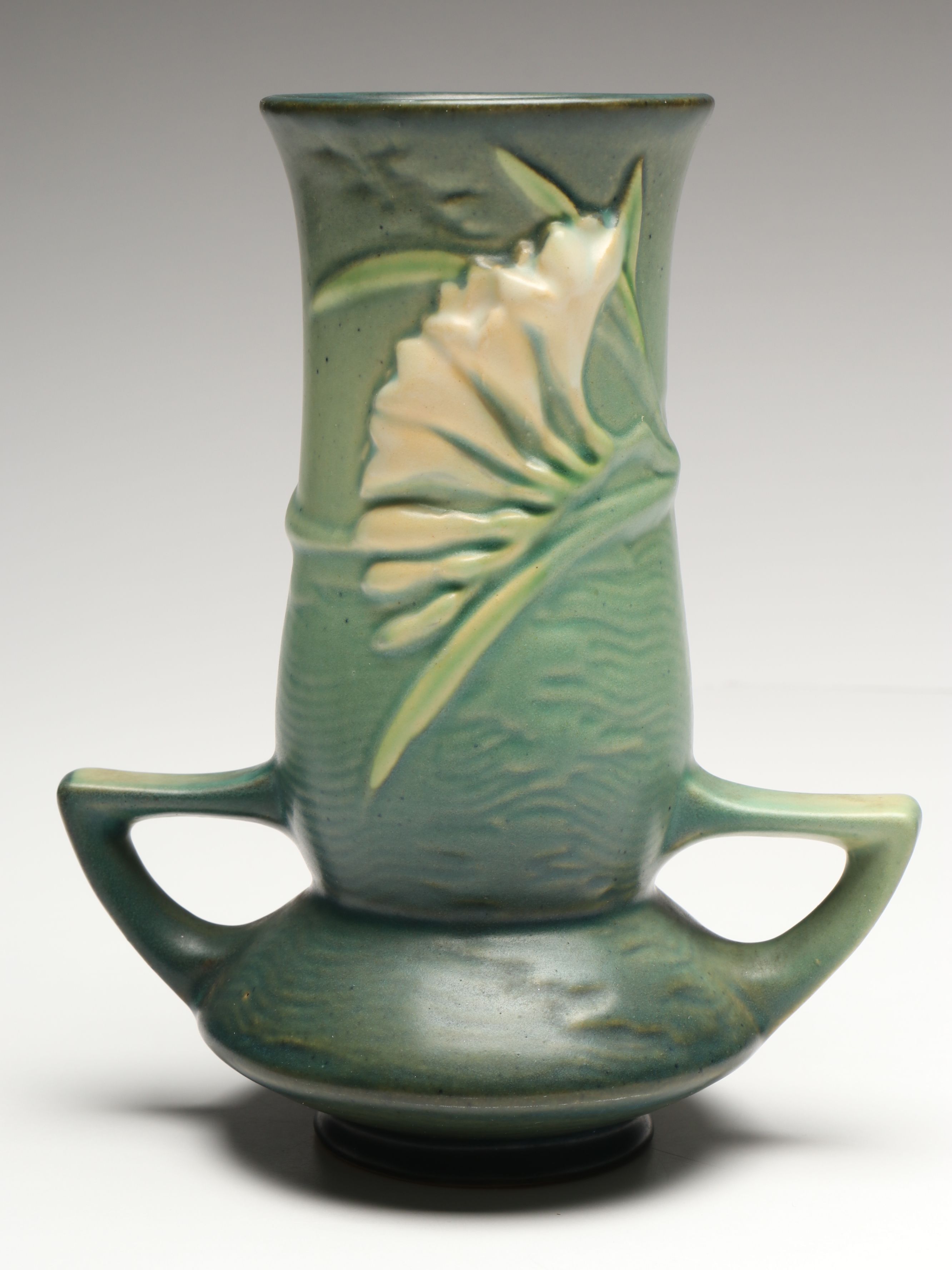 Roseville Pottery "Freesia" Green Ceramic Vase and Candle Holders, Mid-20th C.