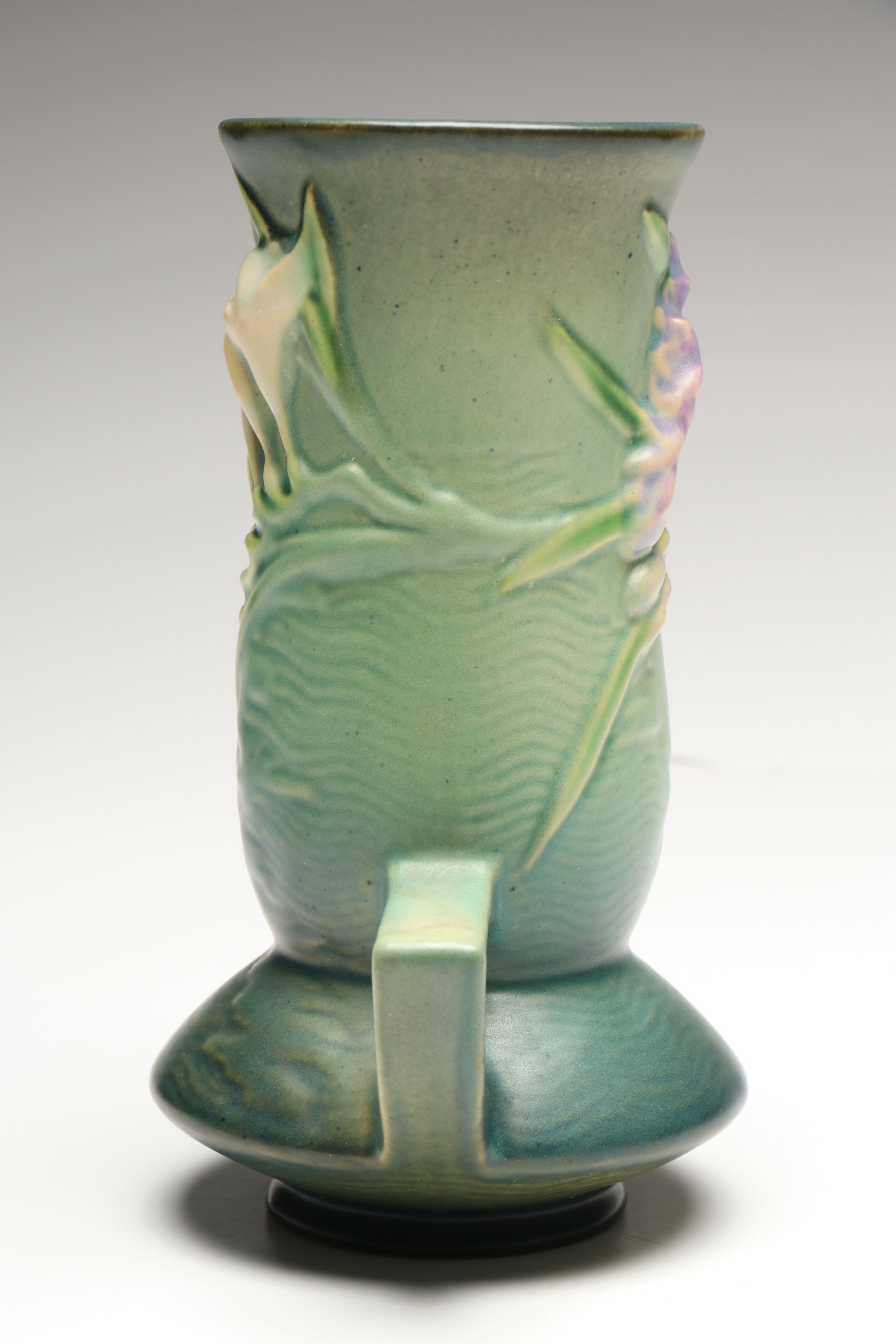 Roseville Pottery "Freesia" Green Ceramic Vase and Candle Holders, Mid-20th C.