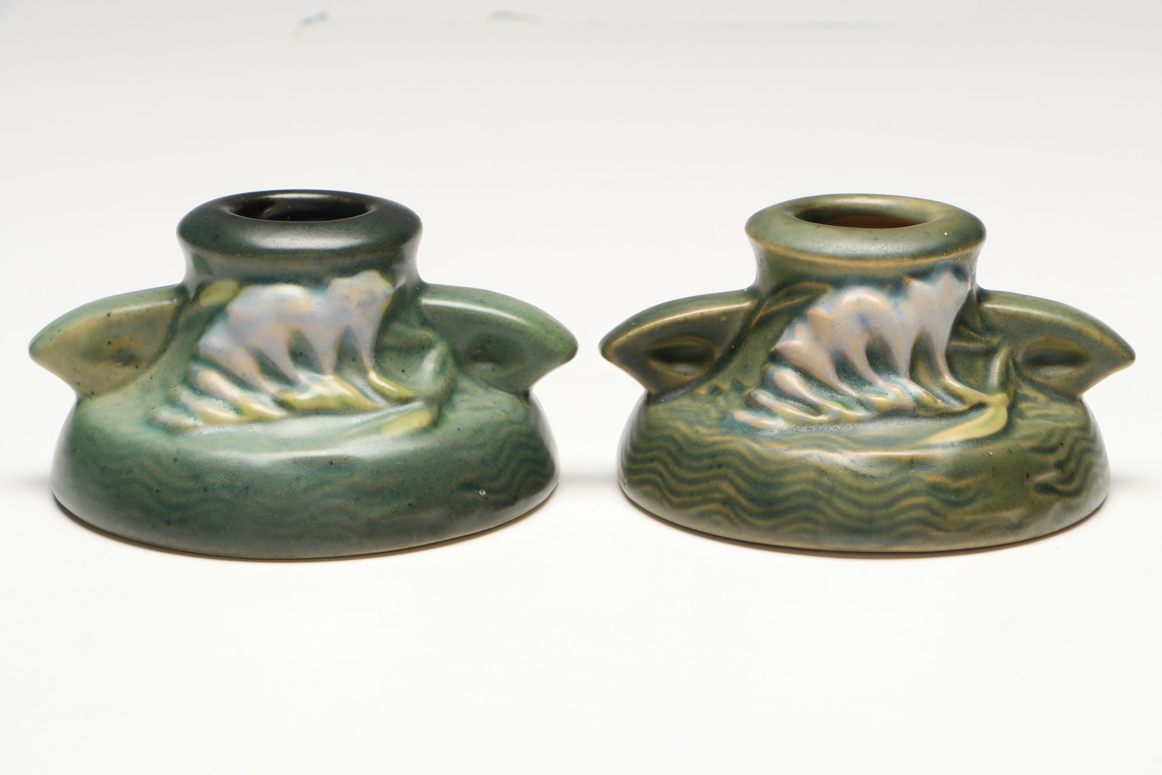 Roseville Pottery "Freesia" Green Ceramic Vase and Candle Holders, Mid-20th C.