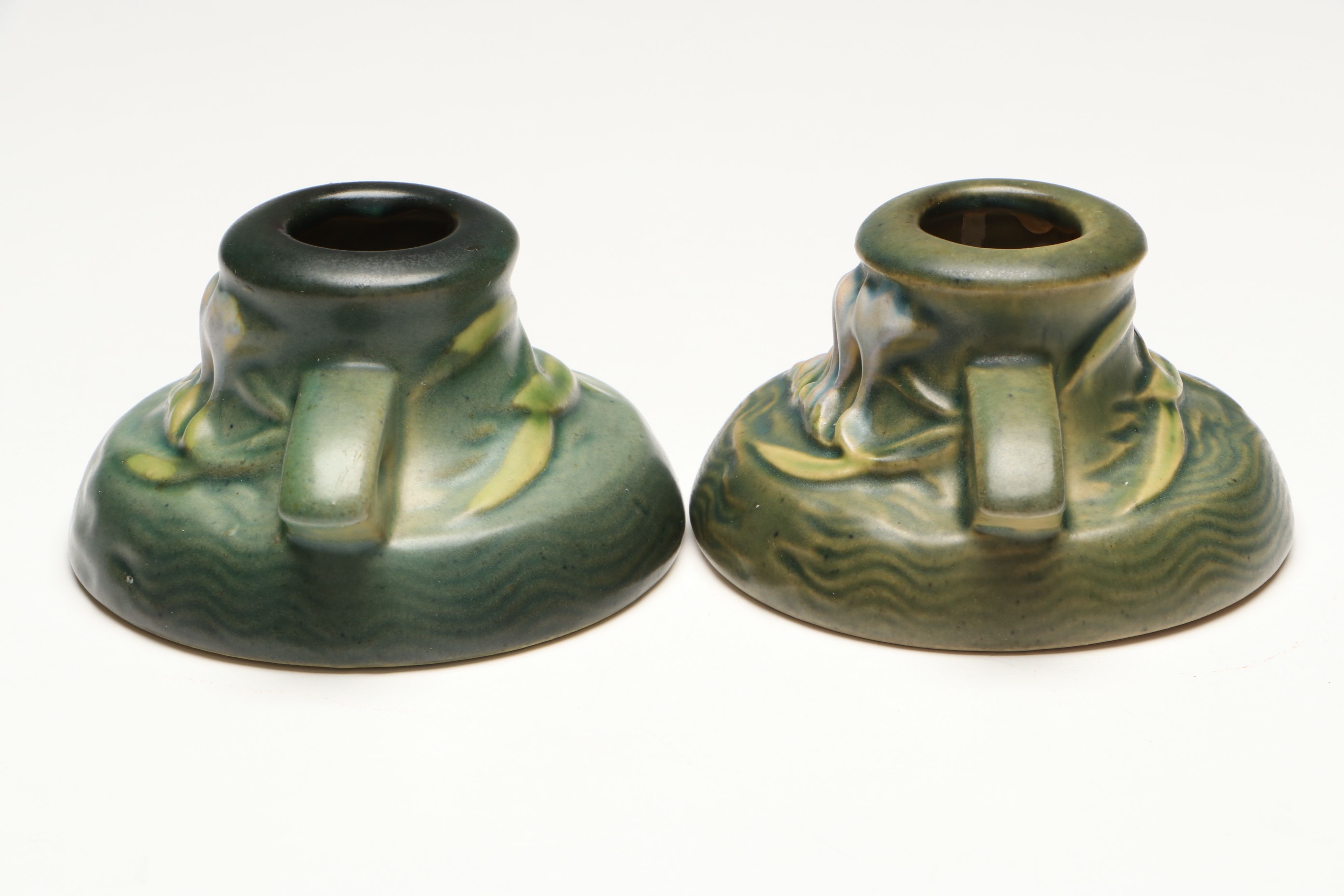 Roseville Pottery "Freesia" Green Ceramic Vase and Candle Holders, Mid-20th C.