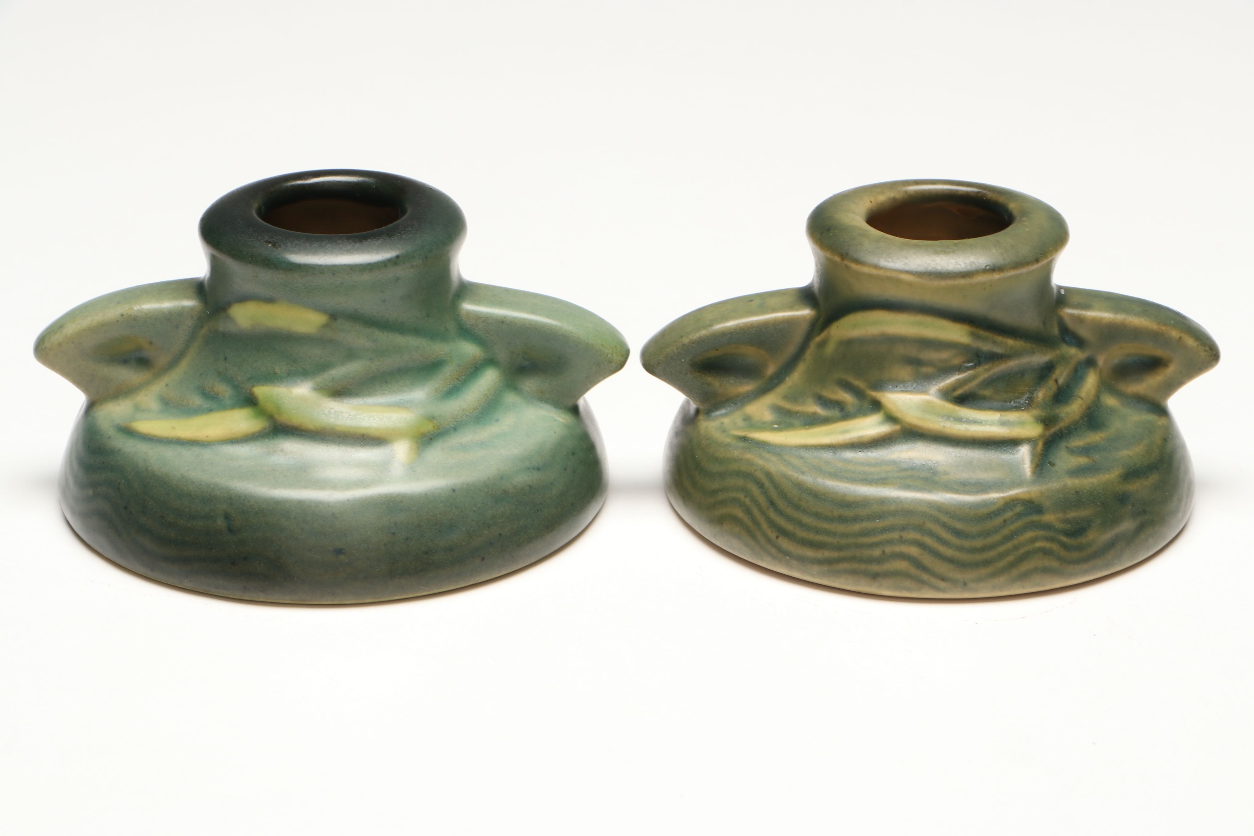 Roseville Pottery "Freesia" Green Ceramic Vase and Candle Holders, Mid-20th C.