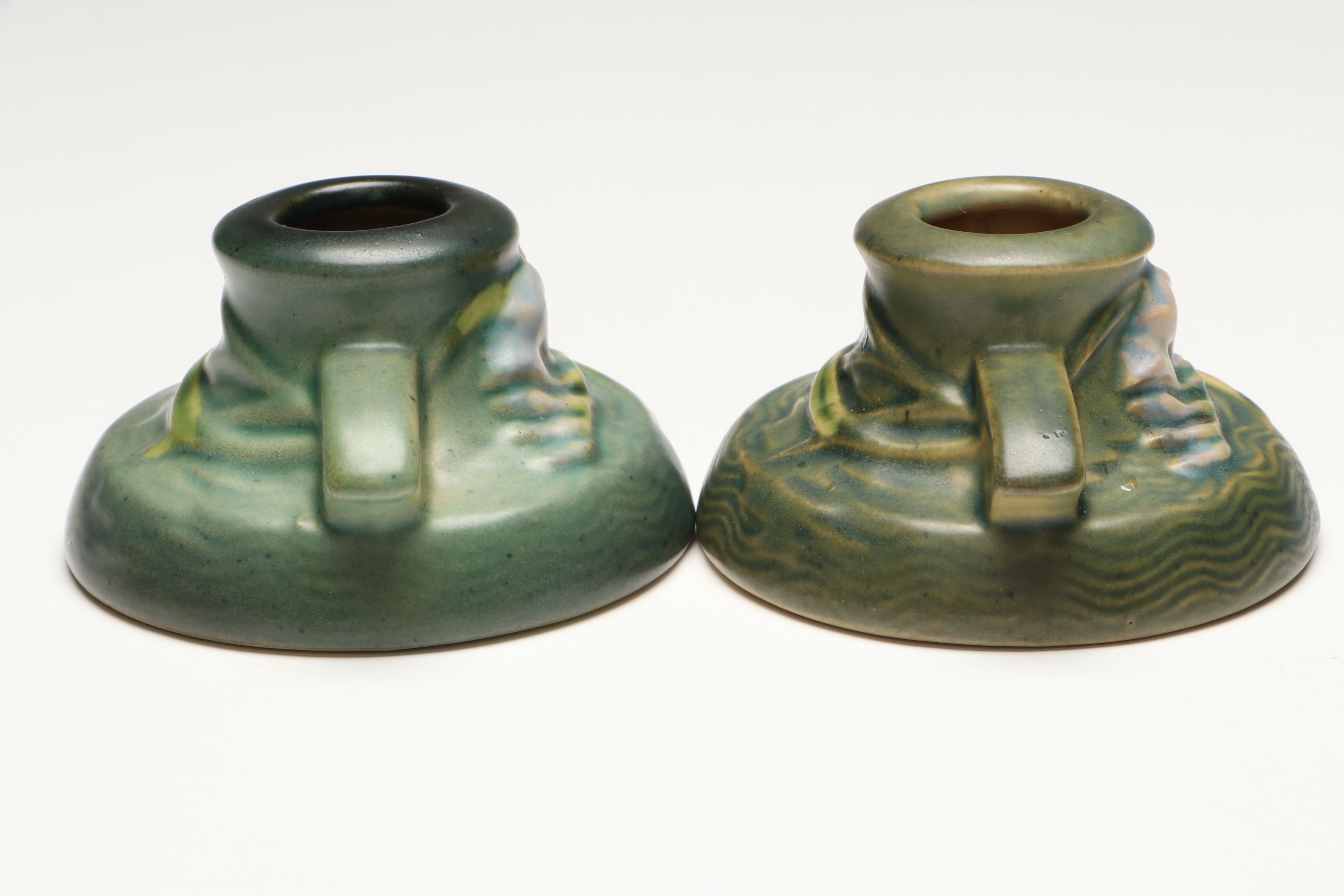 Roseville Pottery "Freesia" Green Ceramic Vase and Candle Holders, Mid-20th C.