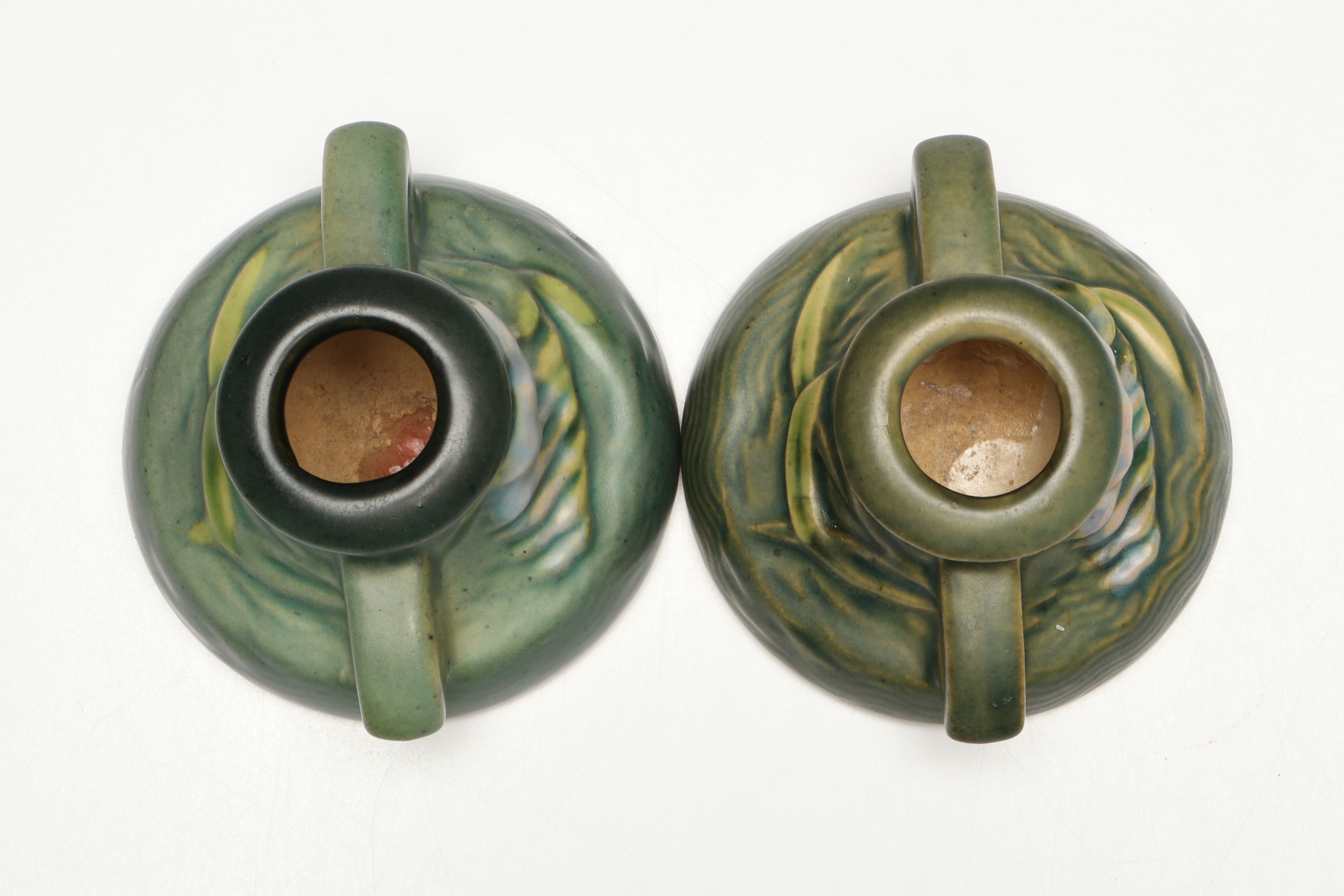 Roseville Pottery "Freesia" Green Ceramic Vase and Candle Holders, Mid-20th C.
