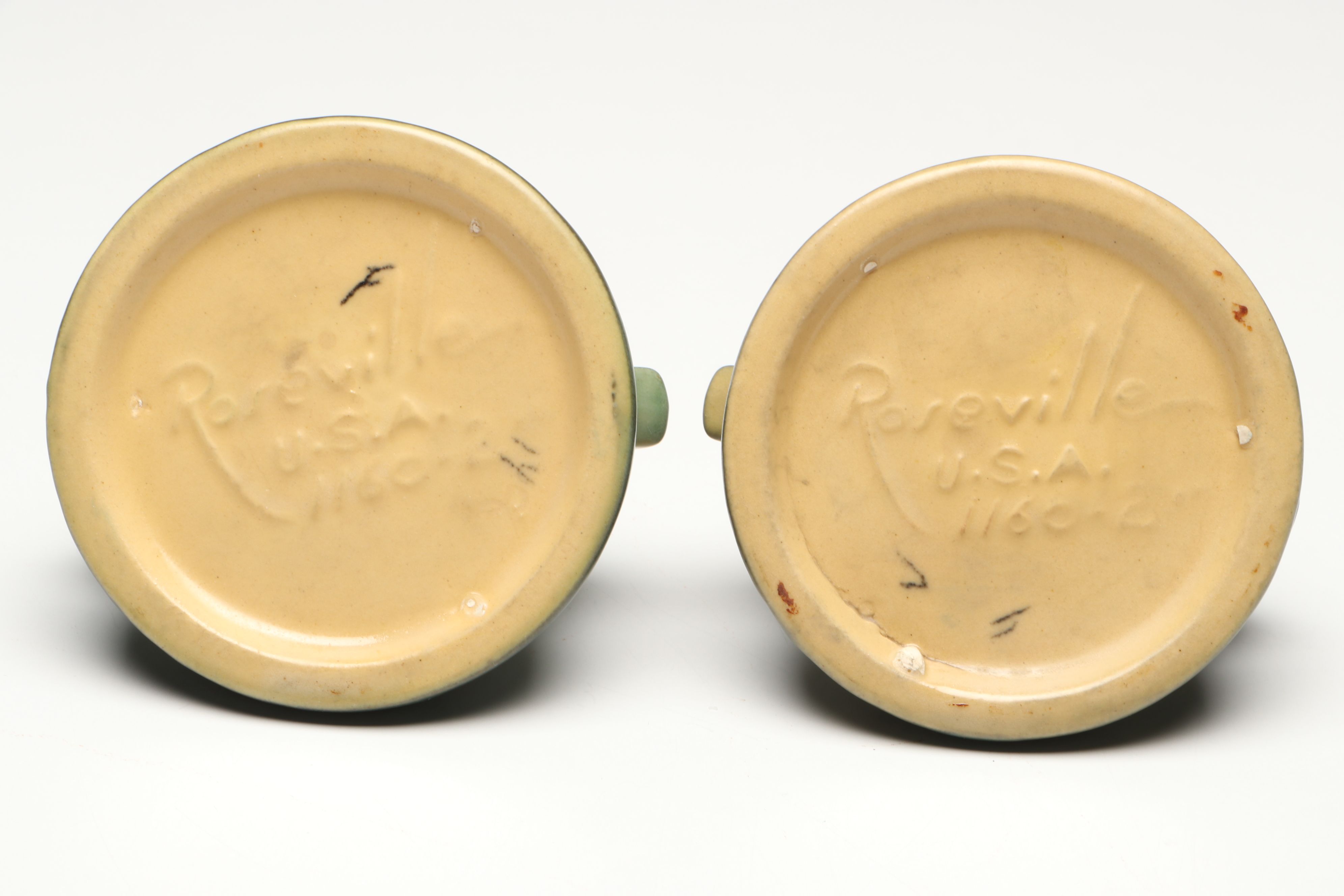 Roseville Pottery "Freesia" Green Ceramic Vase and Candle Holders, Mid-20th C.