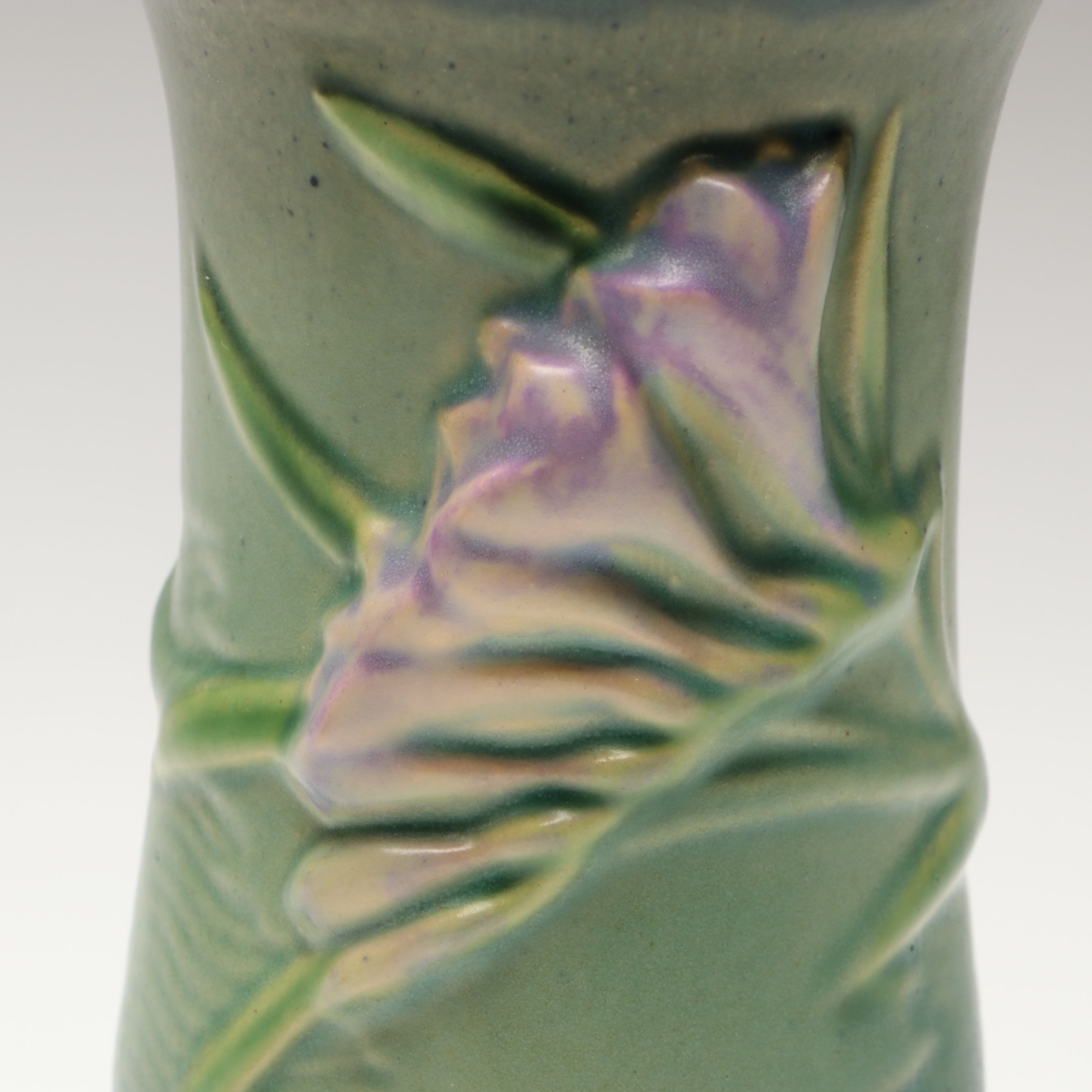 Roseville Pottery "Freesia" Green Ceramic Vase and Candle Holders, Mid-20th C.