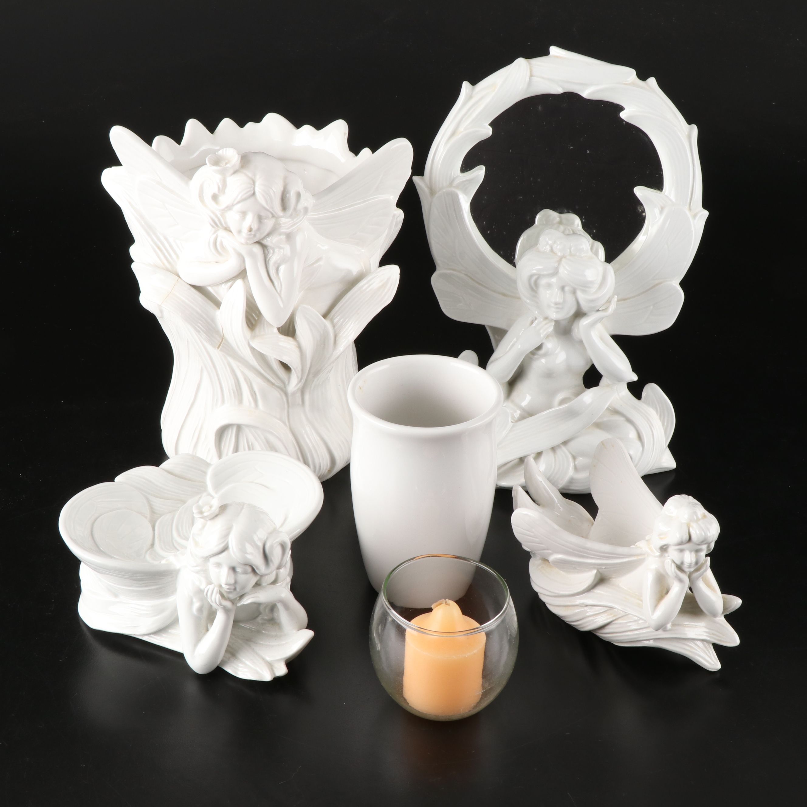 Fitz & Floyd "Fairies" Ceramic Mirror, Vase, Candle Holder and More Accessories