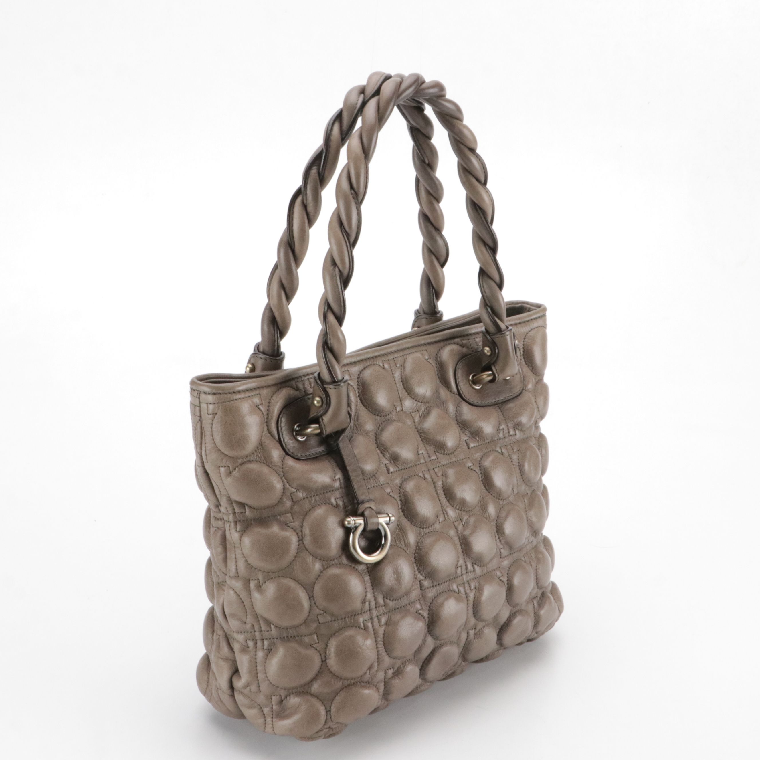 Salvatore Ferragamo Gancini Bubble Quilted Handbag in Grey Leather