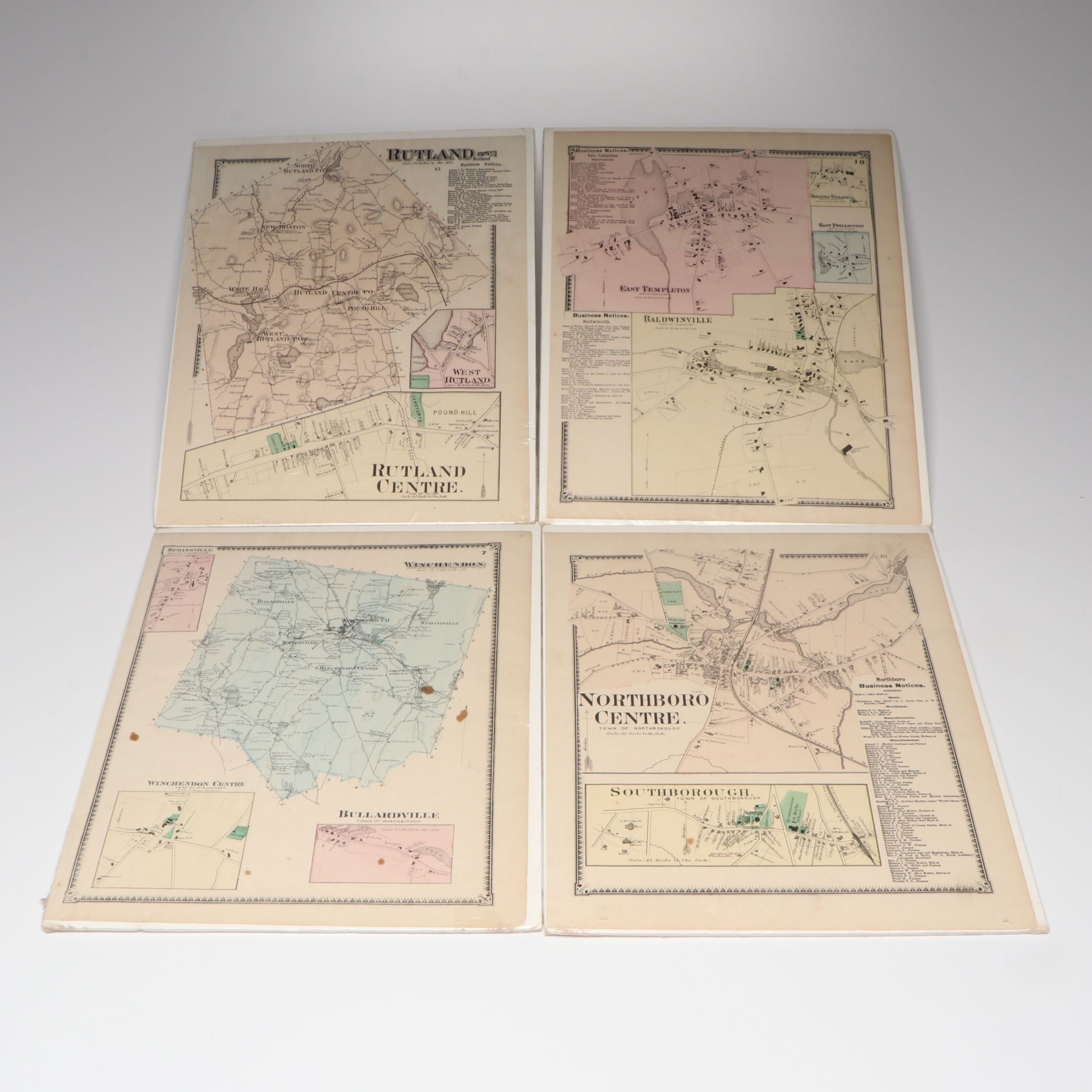 F.W. Beers "Worcester County Massachusetts" Hand-Colored Engraved Maps, 1870