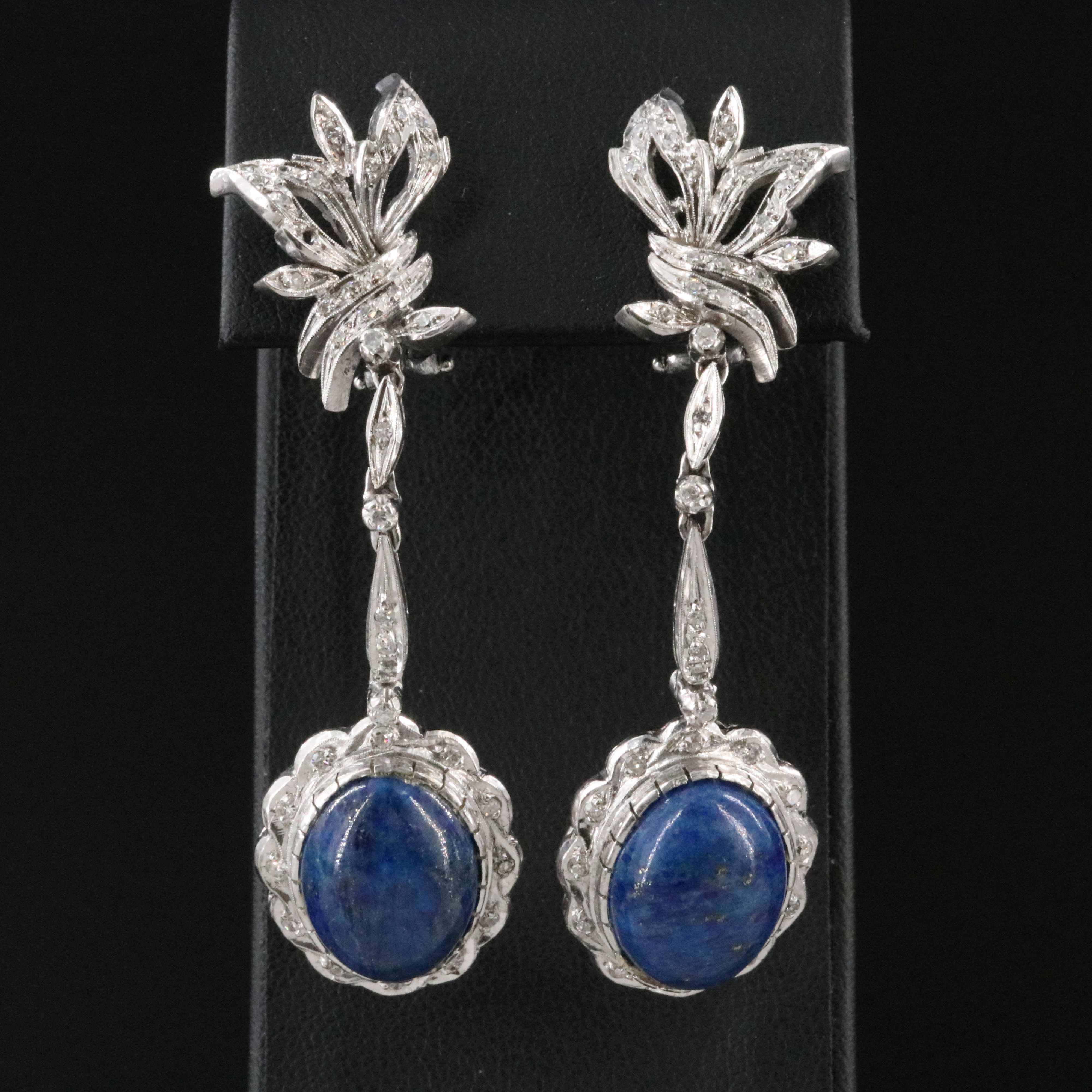 Post War Silver Palladium Alloy Lapis Lazuli and Diamond Dangle Earrings
