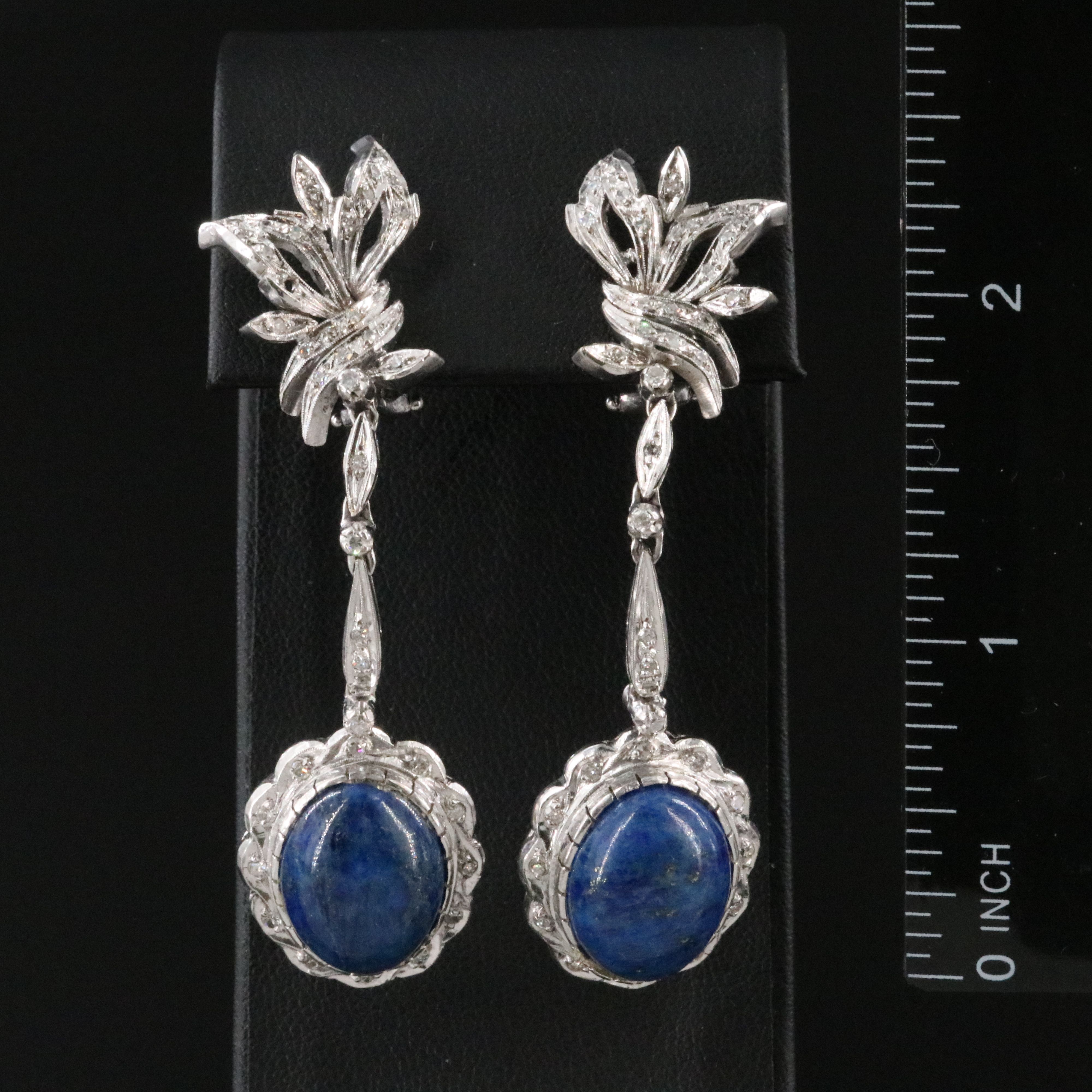 Post War Silver Palladium Alloy Lapis Lazuli and Diamond Dangle Earrings