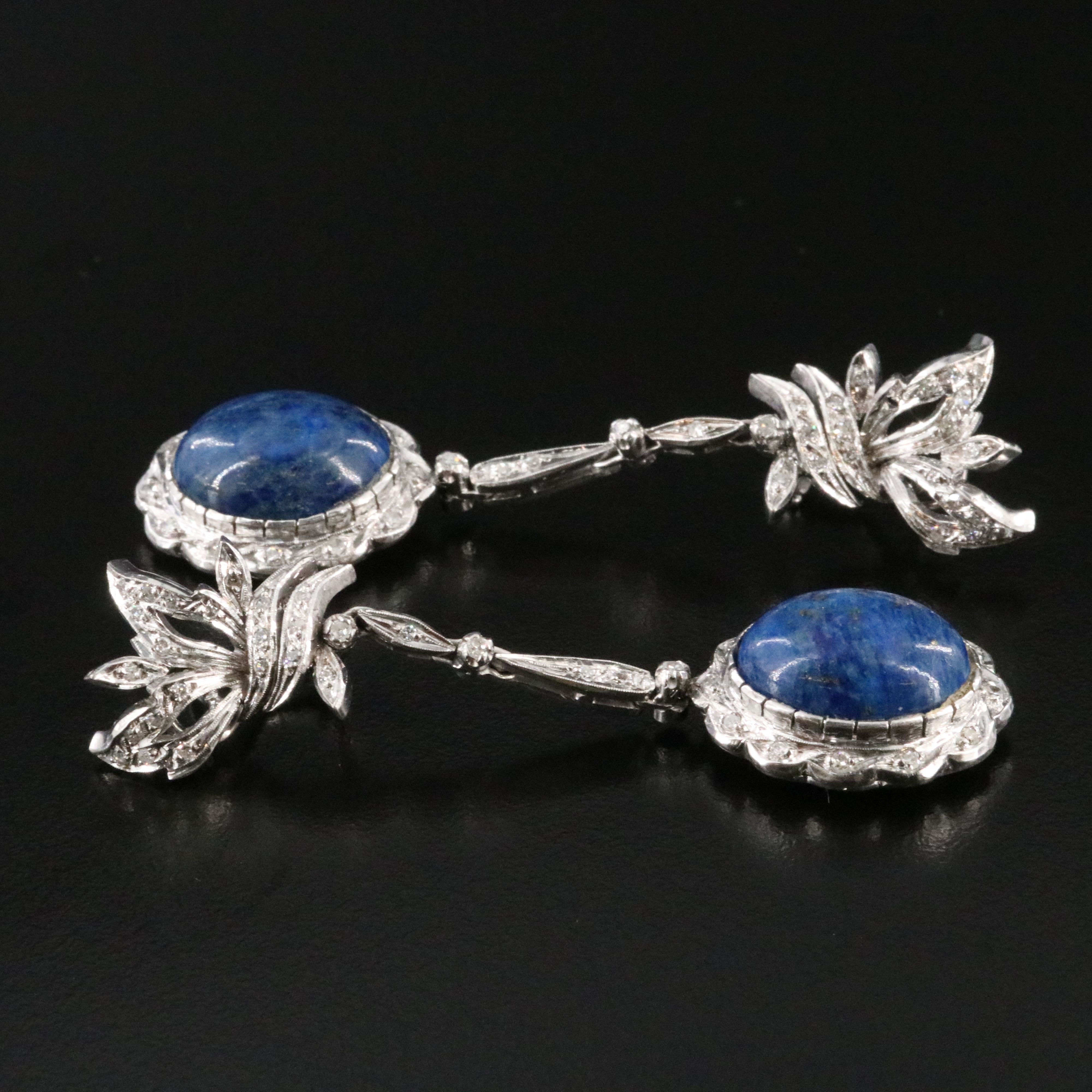 Post War Silver Palladium Alloy Lapis Lazuli and Diamond Dangle Earrings