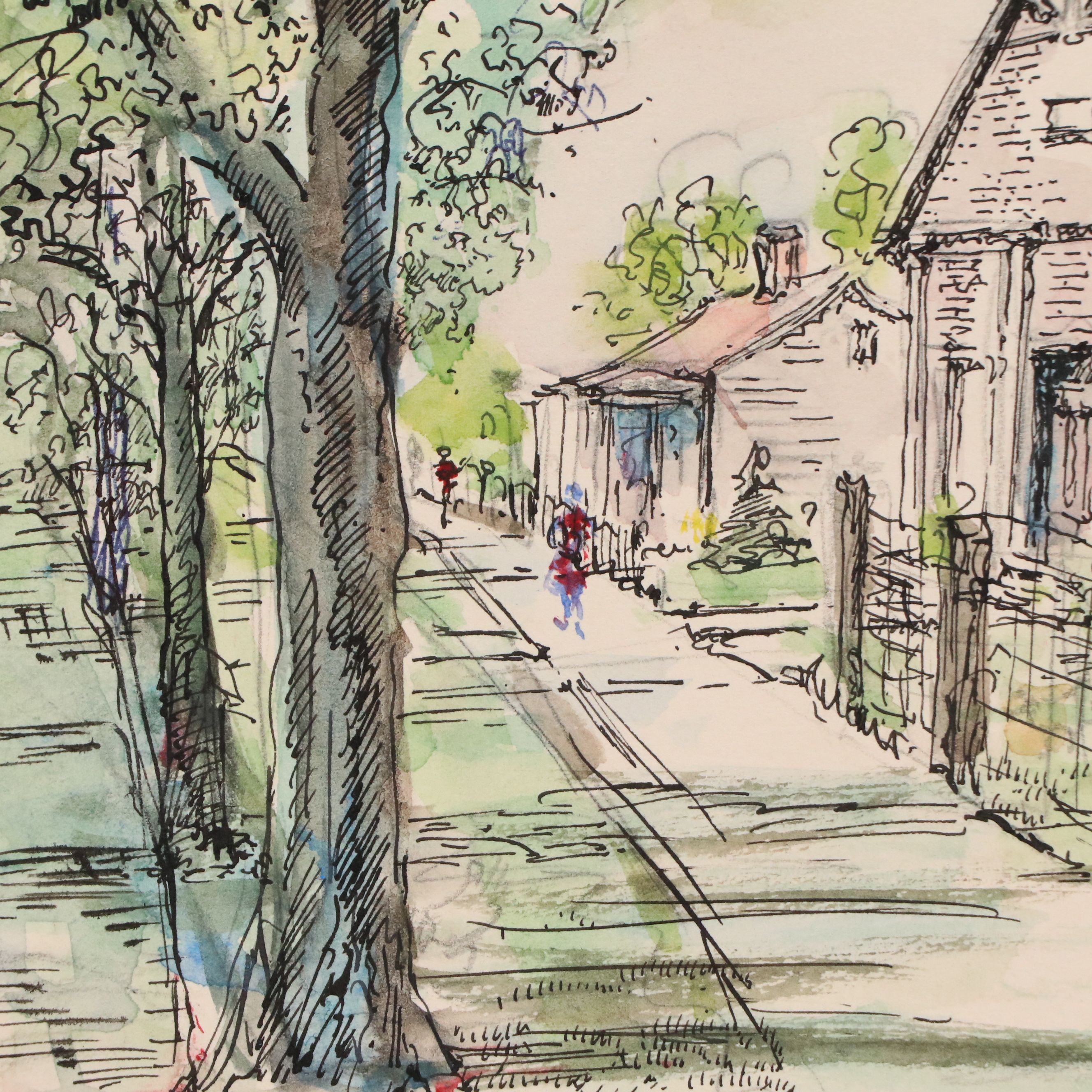 Ink and Watercolor Painting of Street Scene with Chicken, Mid to Late 20th C.