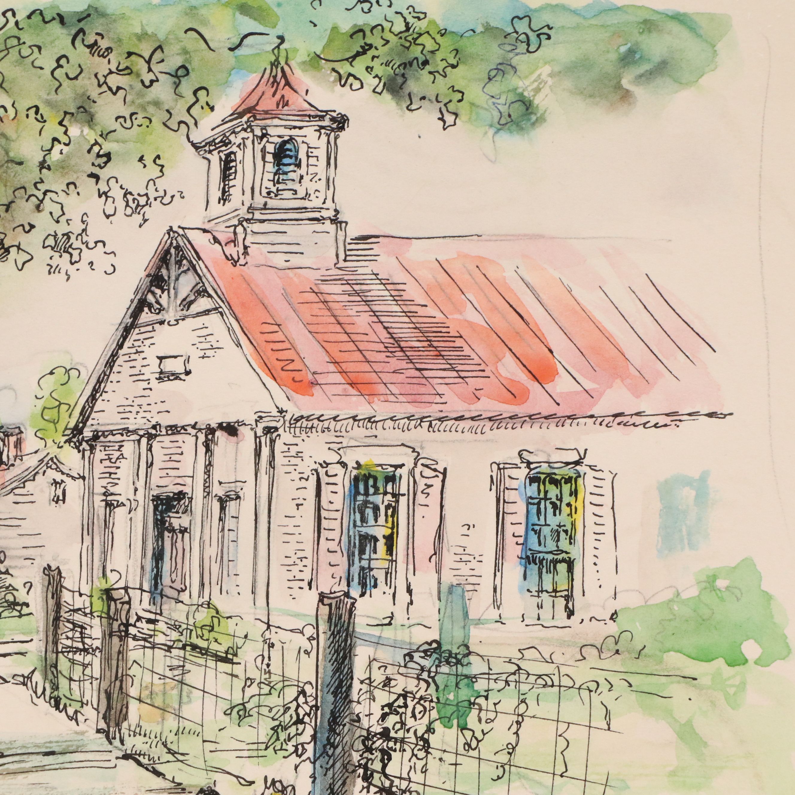 Ink and Watercolor Painting of Street Scene with Chicken, Mid to Late 20th C.