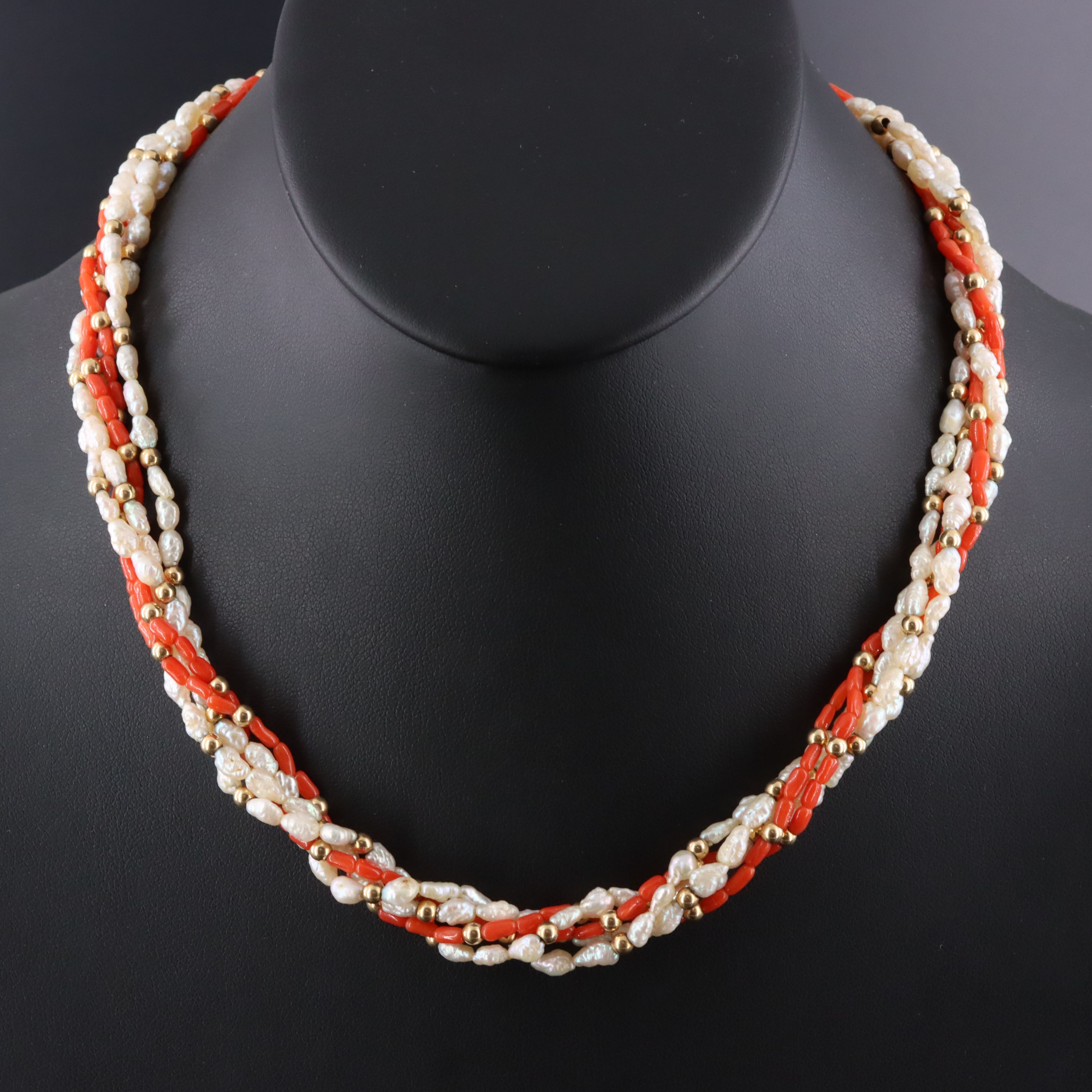 Vintage 14K Coral and Pearl Torsade Necklace