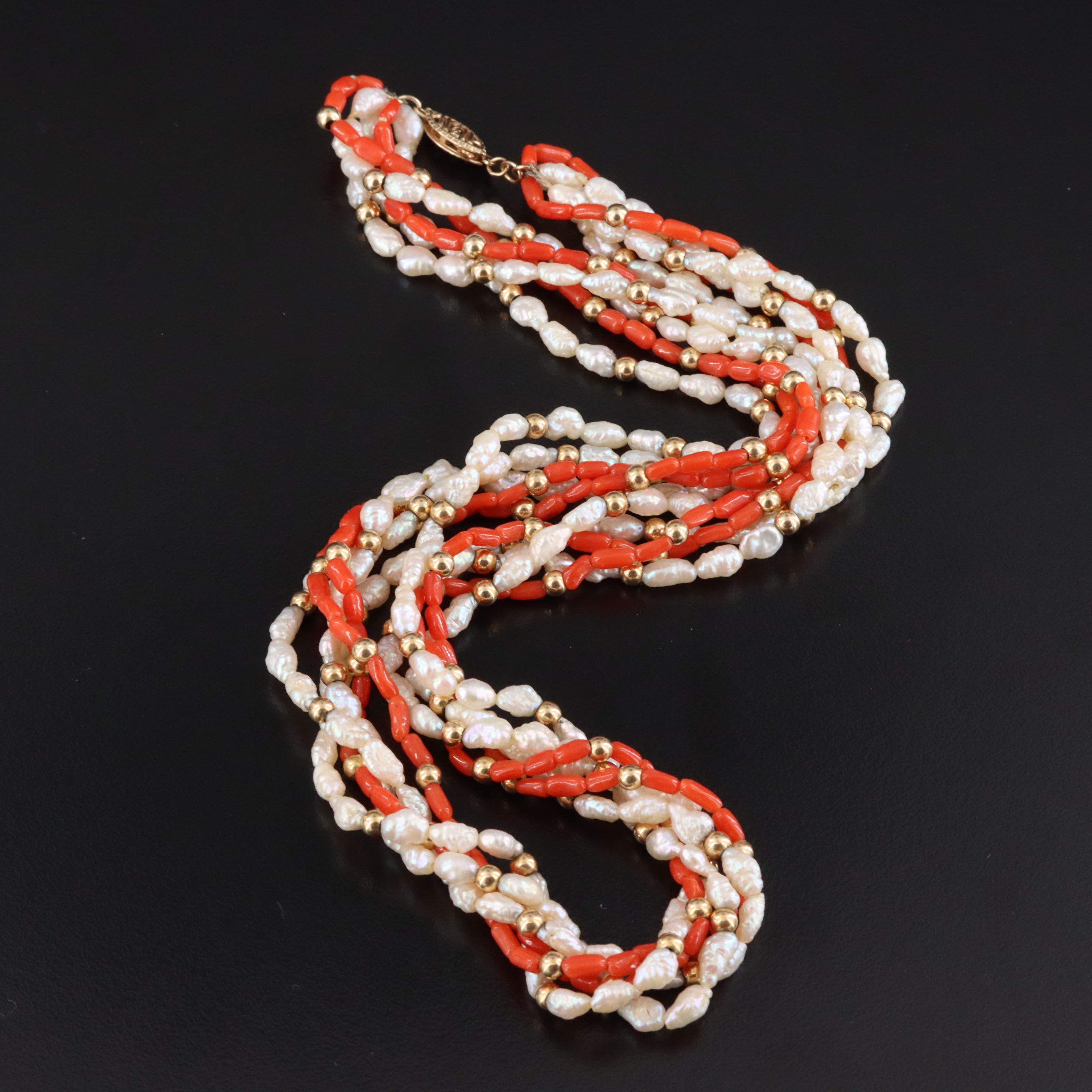 Vintage 14K Coral and Pearl Torsade Necklace