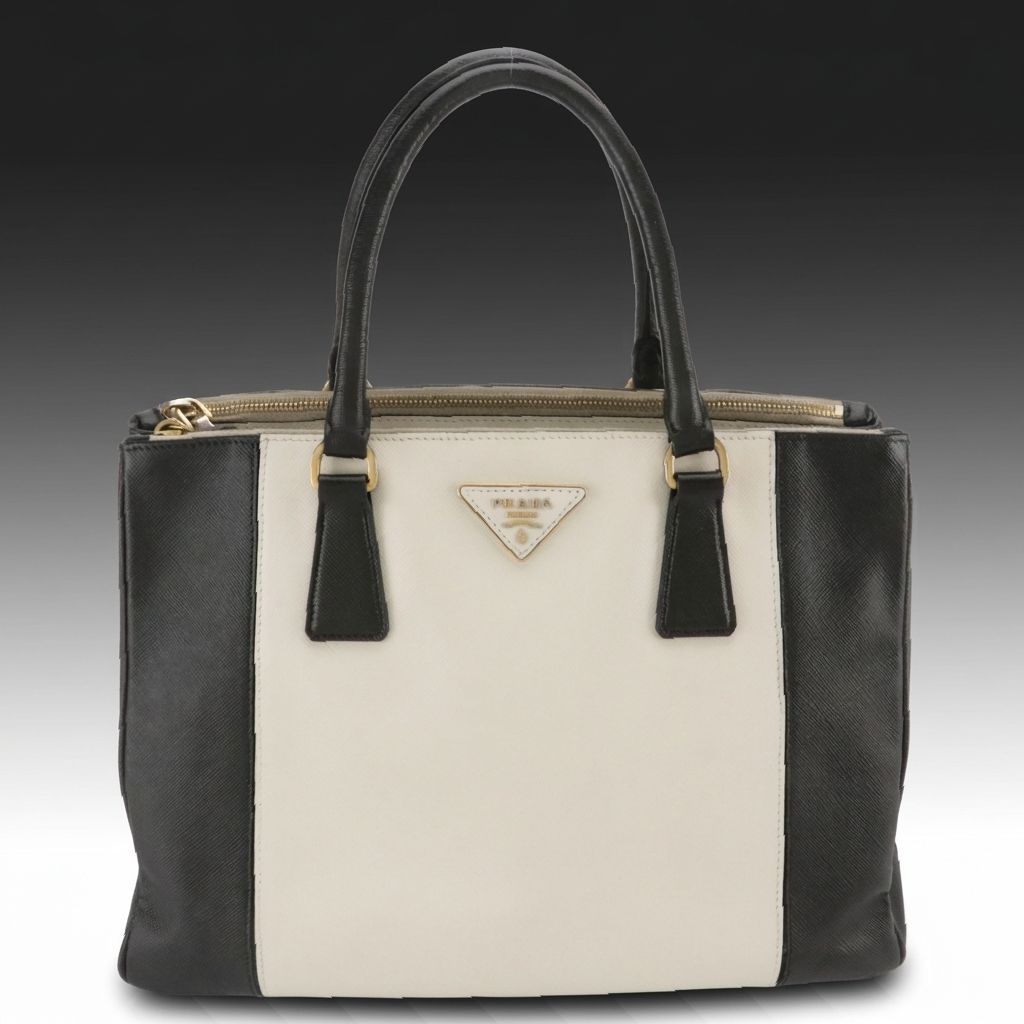 Prada Double Zip Galleria Tote Bag in Black & White Saffiano Leather
