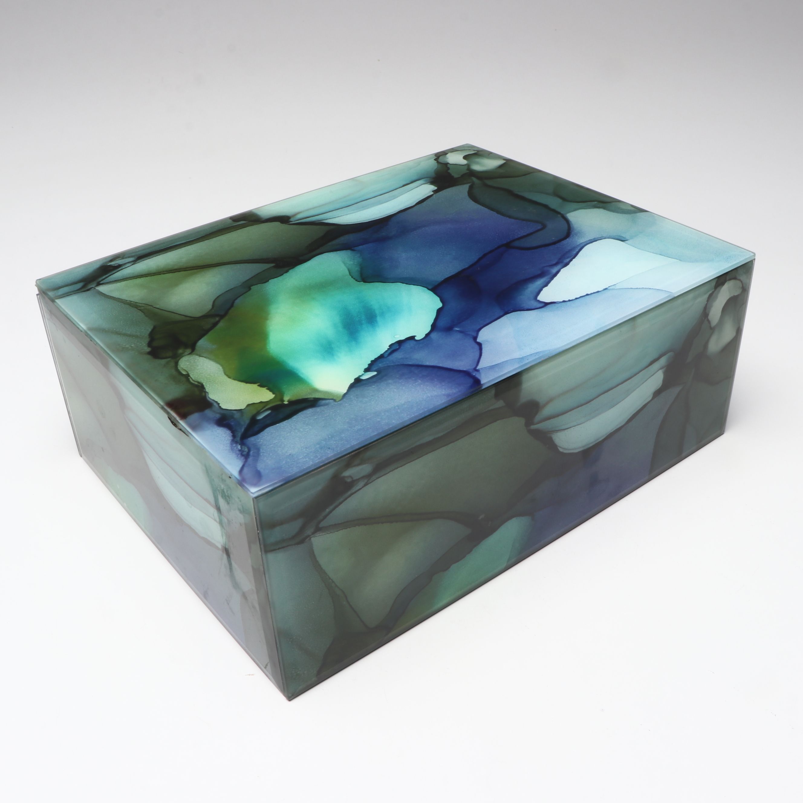 Contemporary Green and Blue Acrylic Box with Handblown Glass Vases
