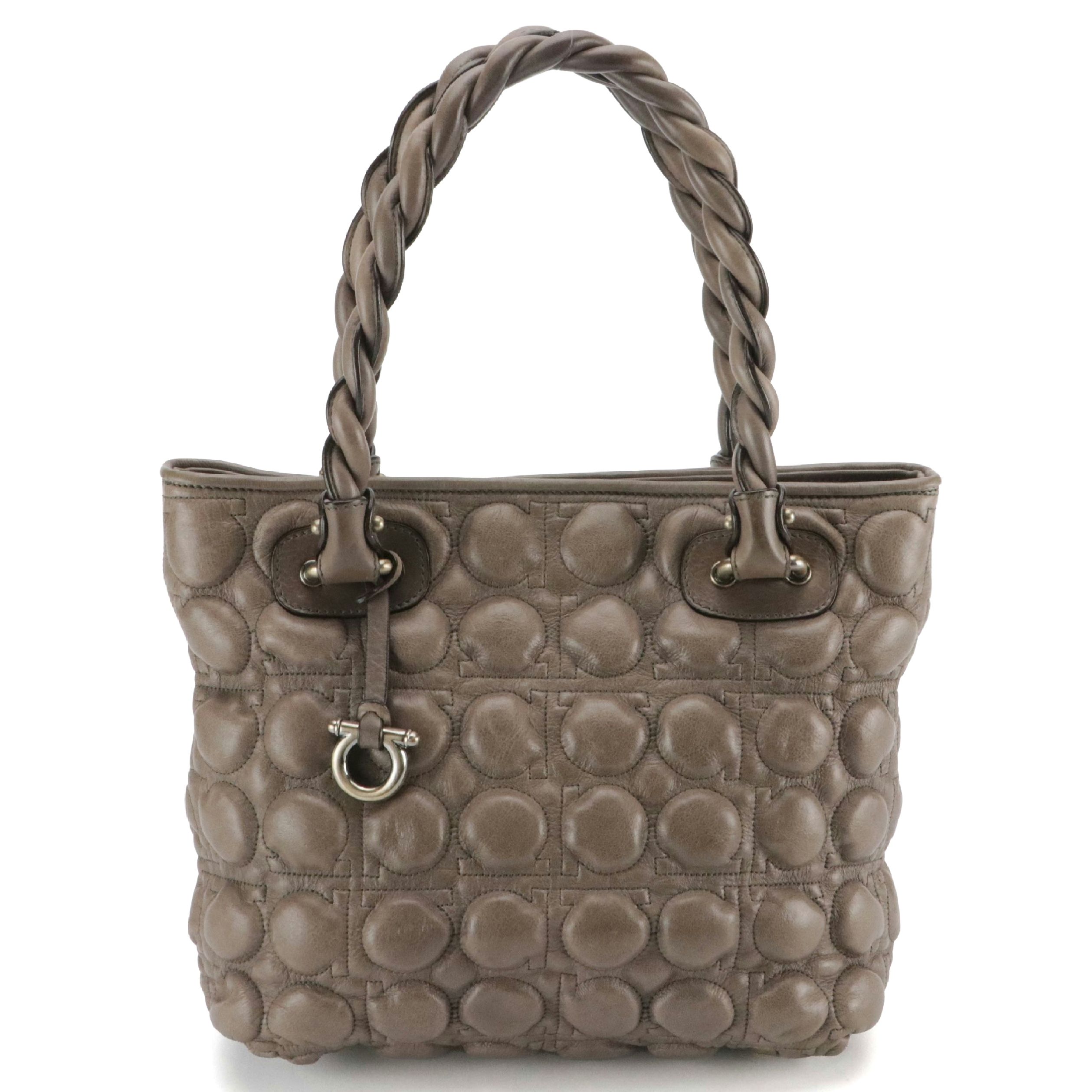 Salvatore Ferragamo Gancini Bubble Quilted Handbag in Grey Leather