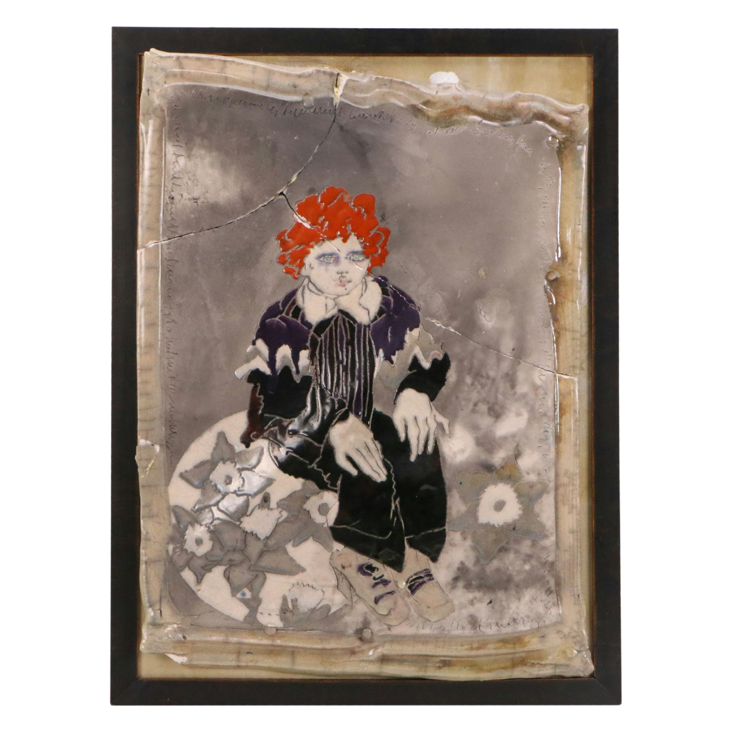 European School Hand-Painted Ceramic Wall Plaque, Circa 1970