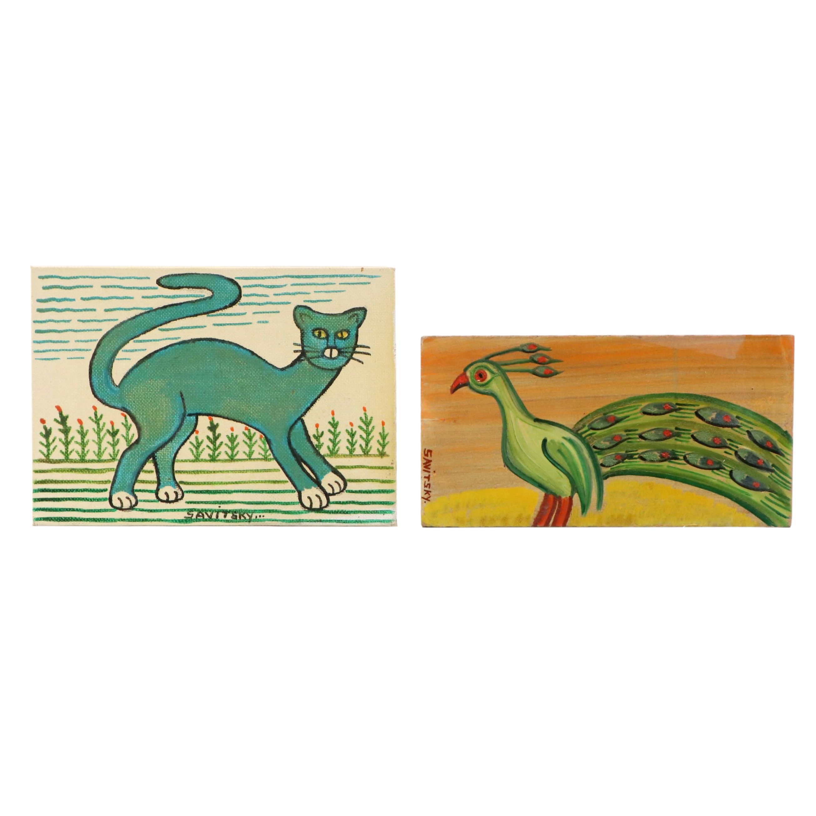 John Savitsky Oil Folk Paintings "Green Cat" and Peacock, Mid-20th Century