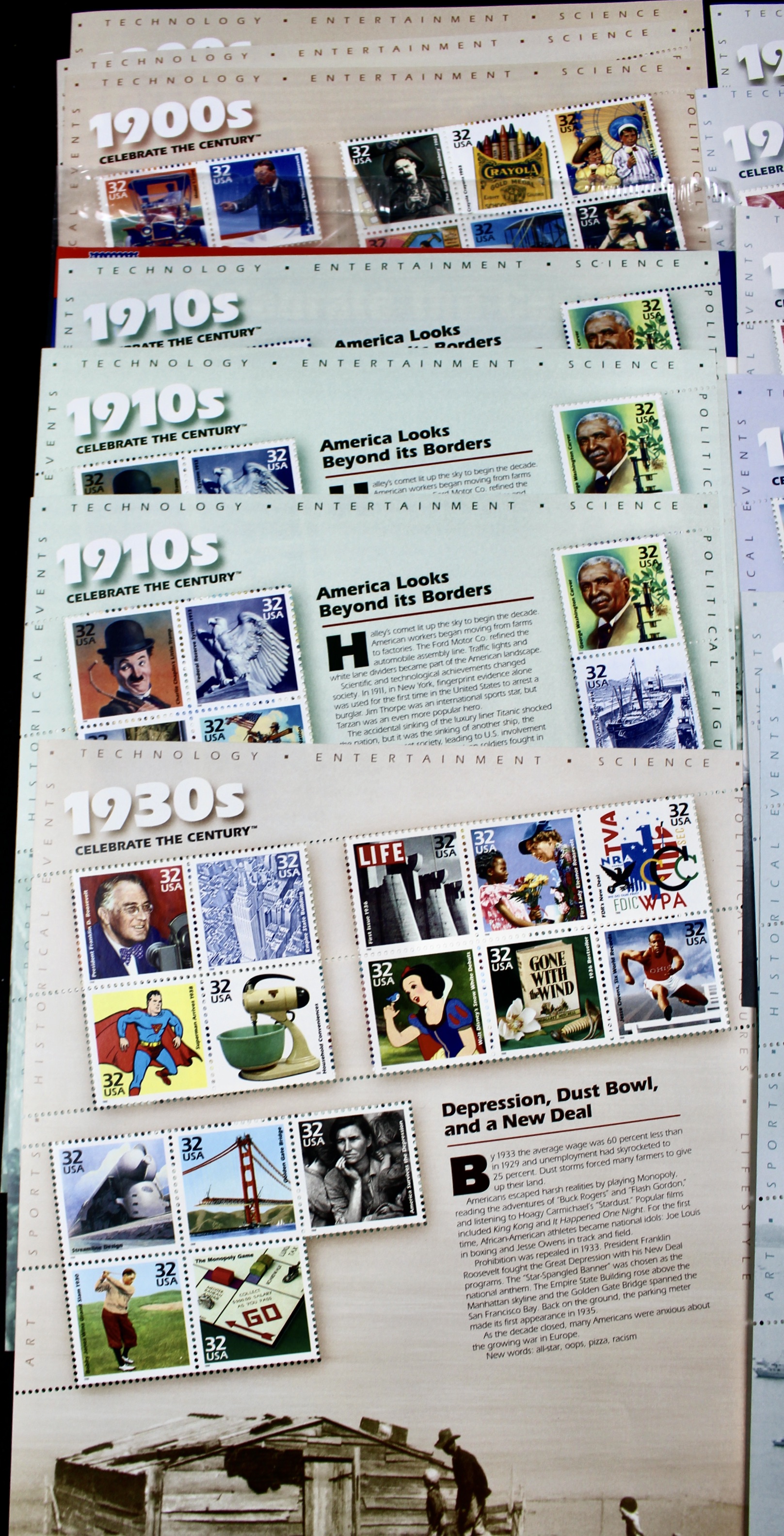 Nineteen U.S. Miniature Postage Stamp Sheets