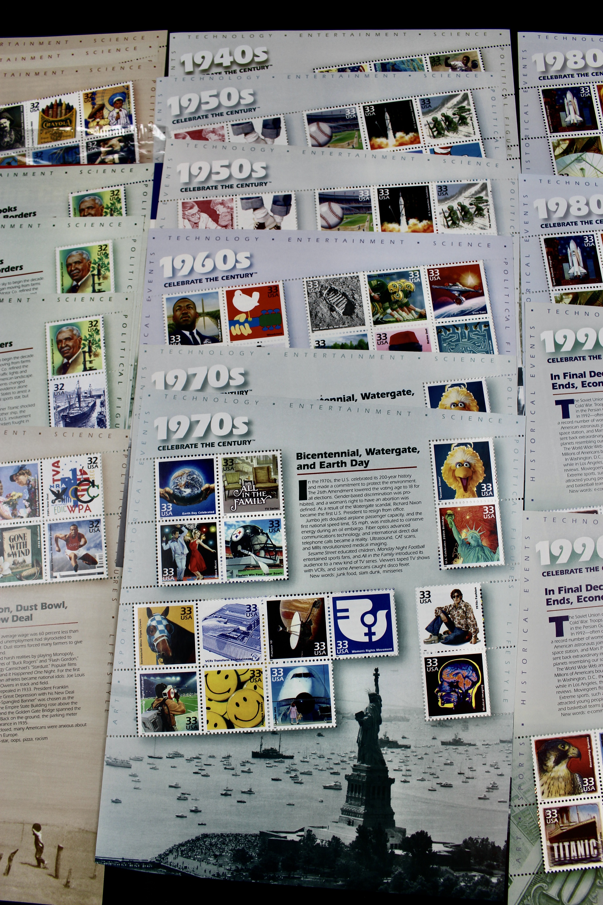 Nineteen U.S. Miniature Postage Stamp Sheets