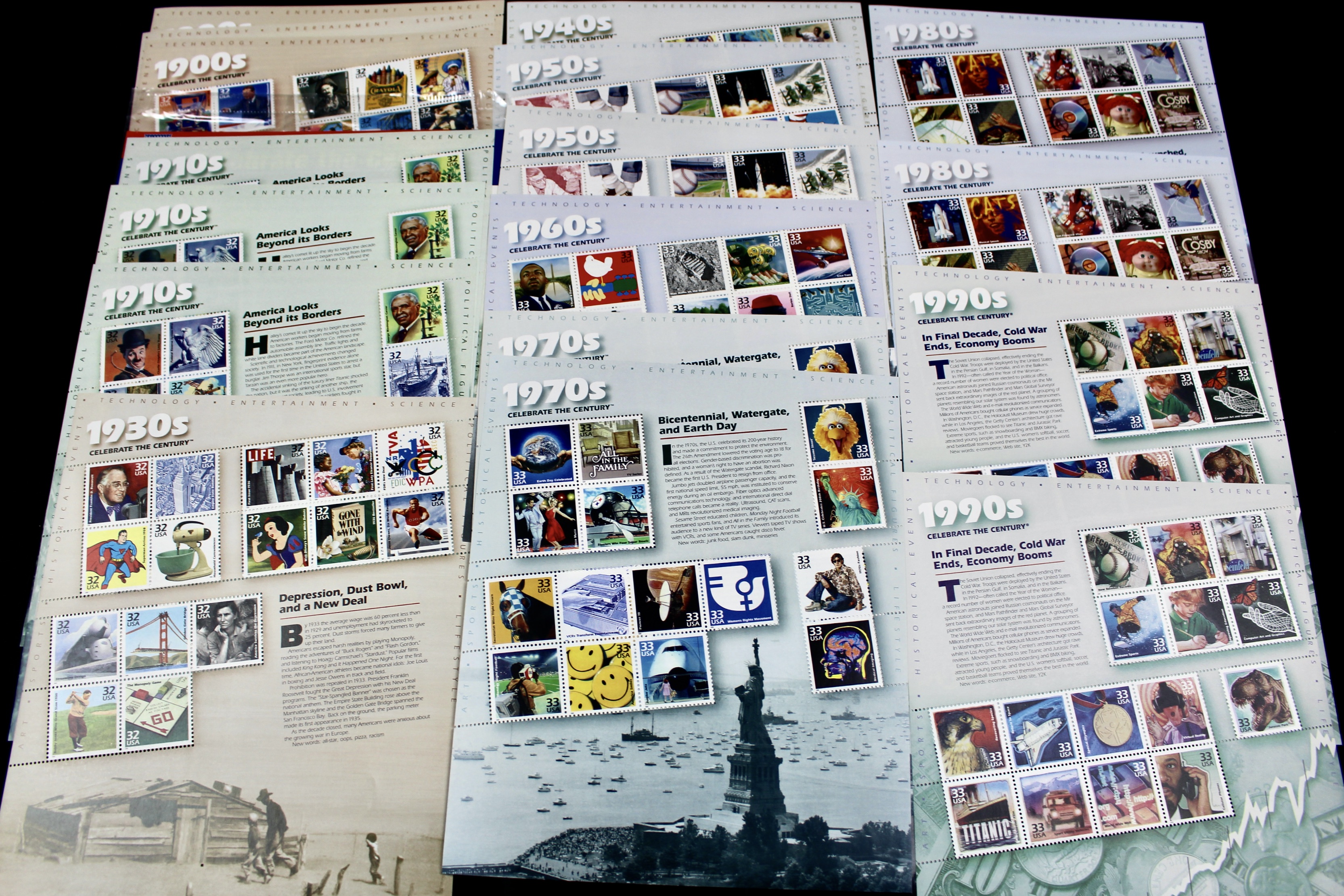 Nineteen U.S. Miniature Postage Stamp Sheets