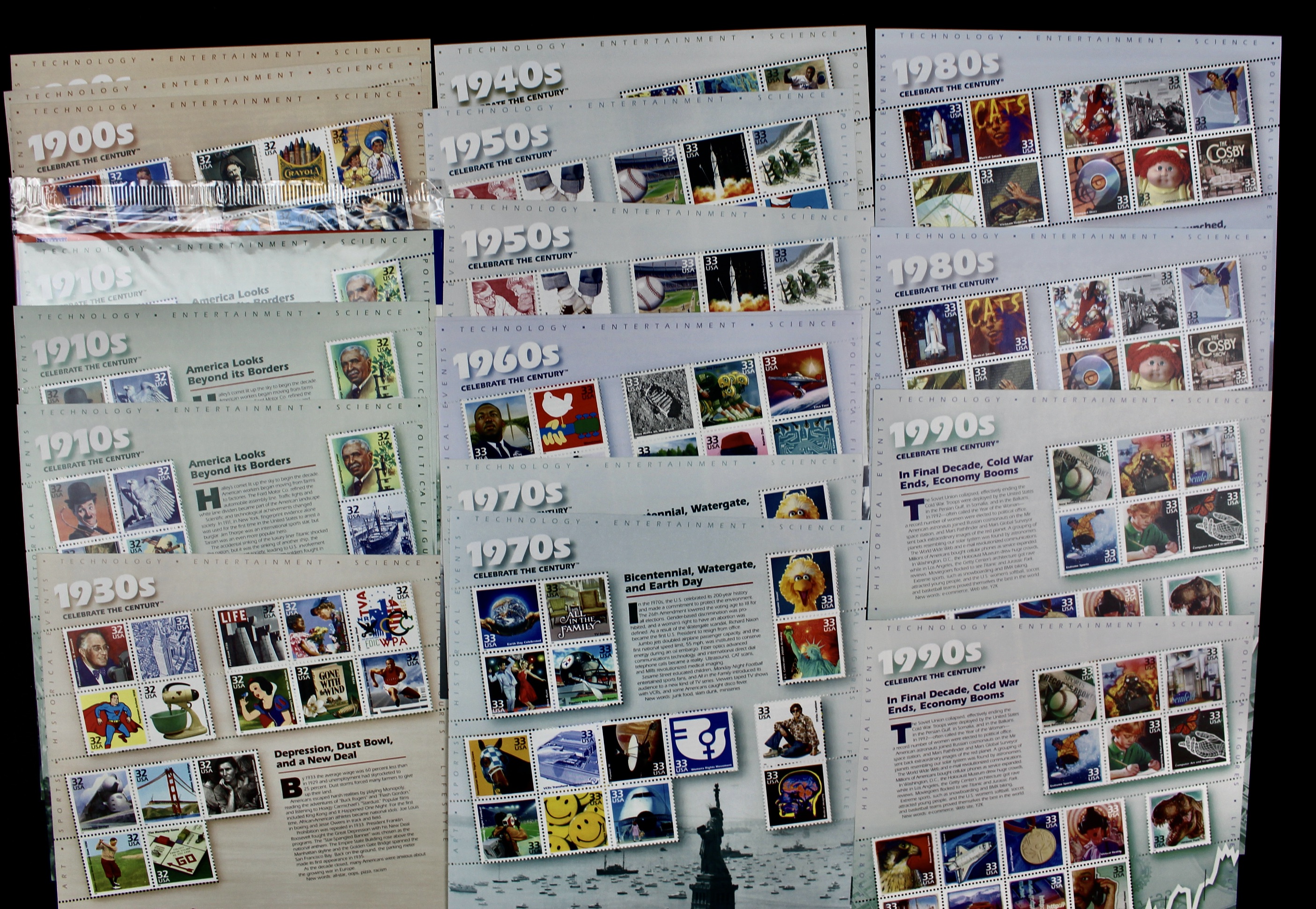 Nineteen U.S. Miniature Postage Stamp Sheets