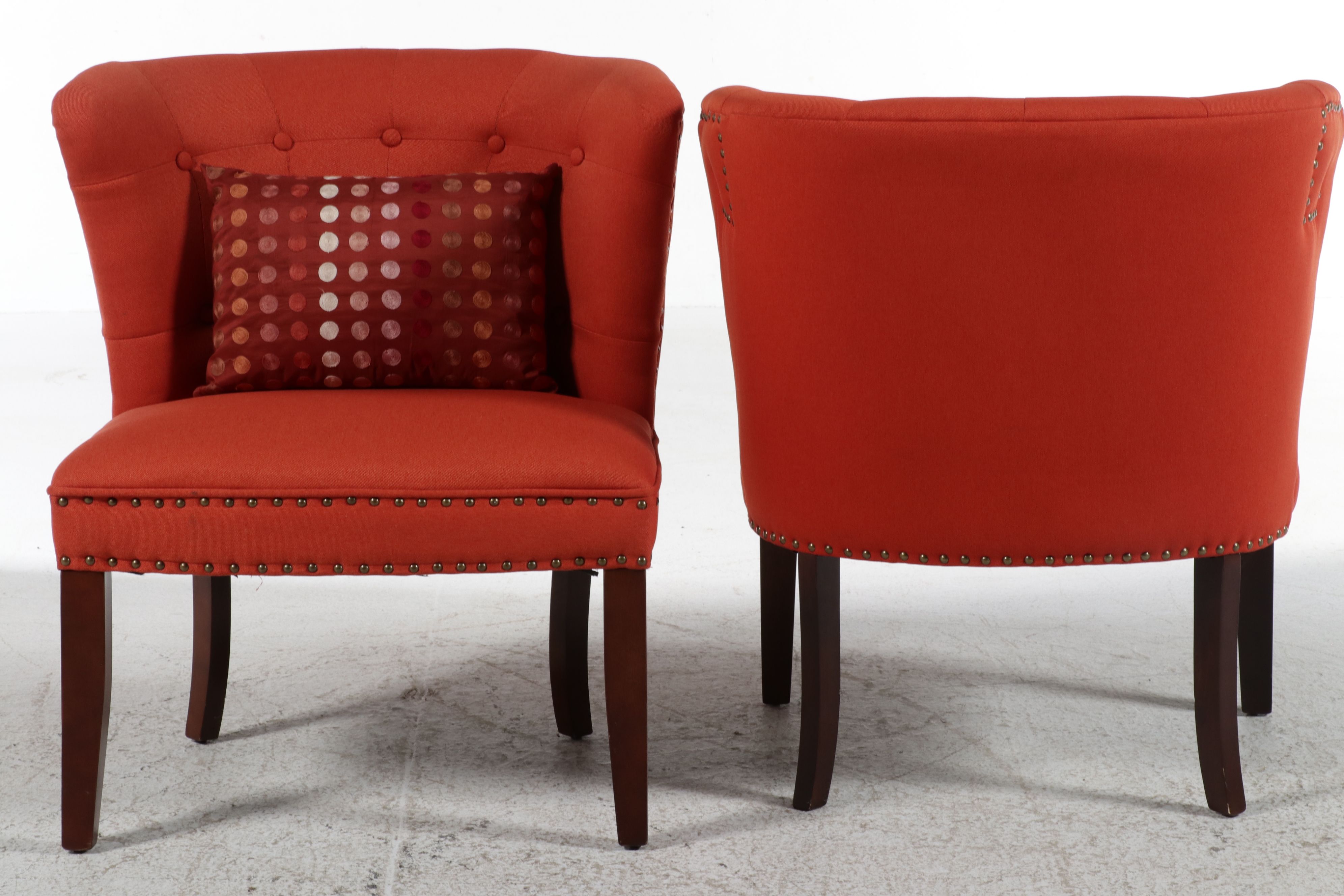 Pair of Hollywood Regency Style Tufted Orange Slipper Chairs, 21st Century