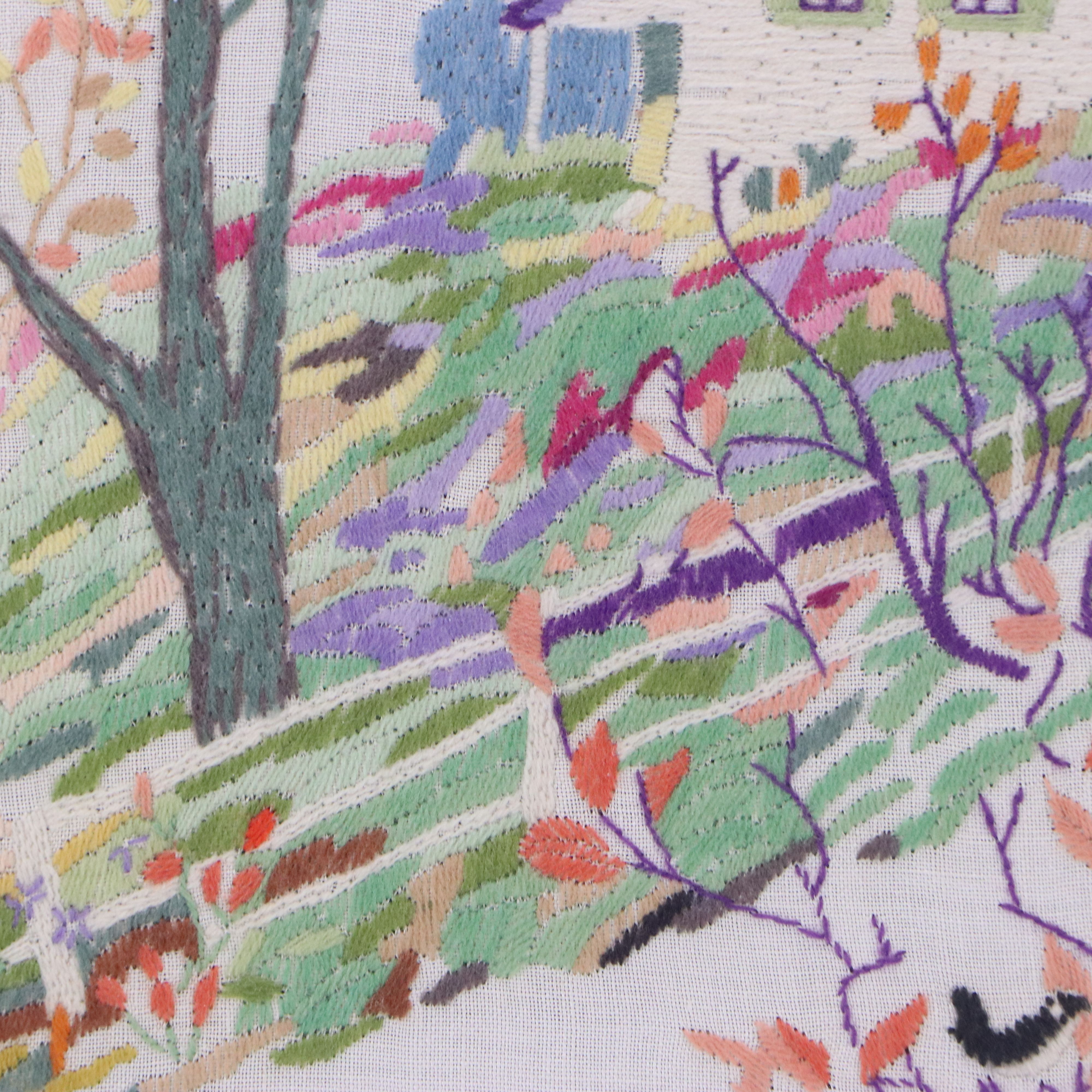 Crewel Work Embroidery of Farm Landscape, Mid to Late 20th Century