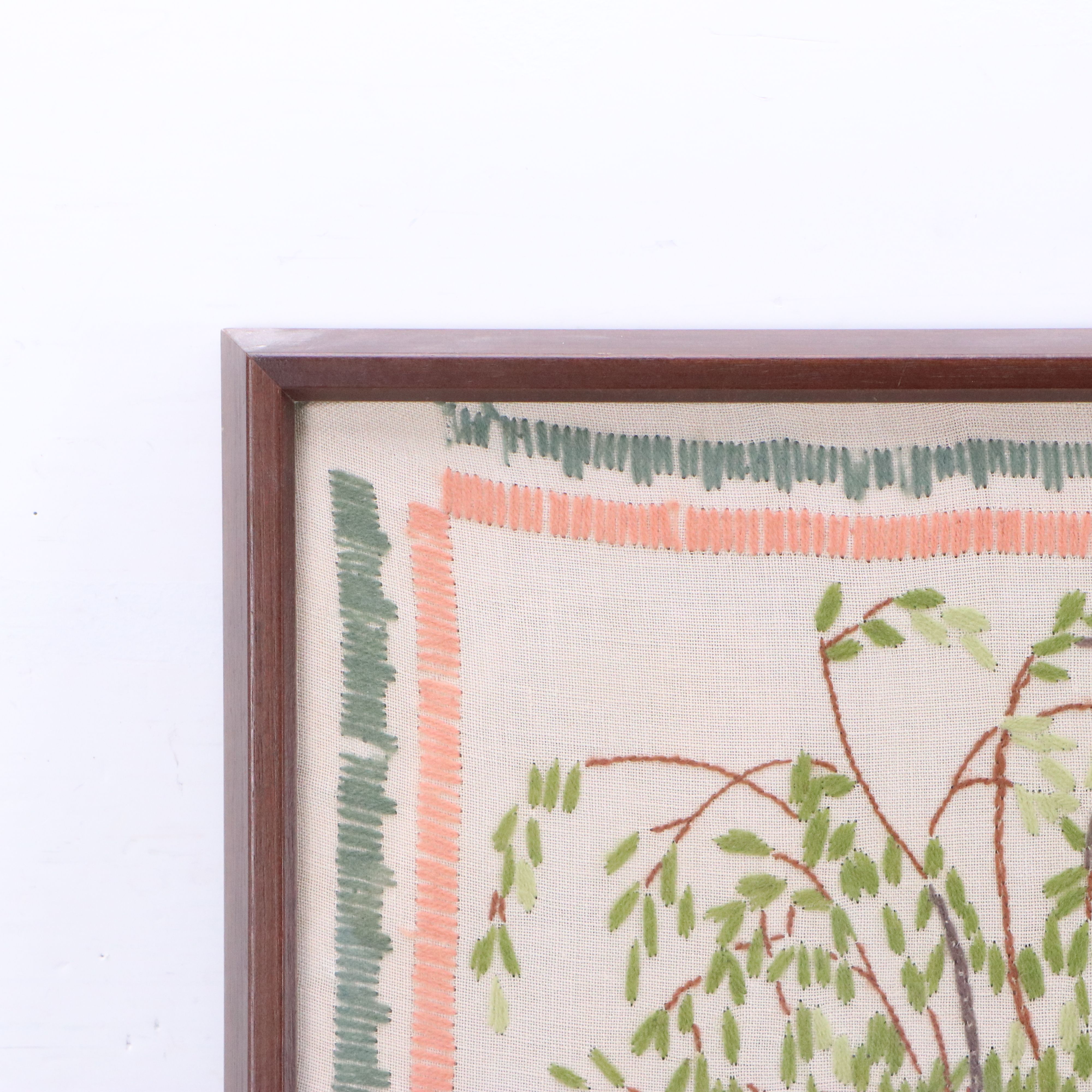 Crewel Work Embroidery of Farm Landscape, Mid to Late 20th Century