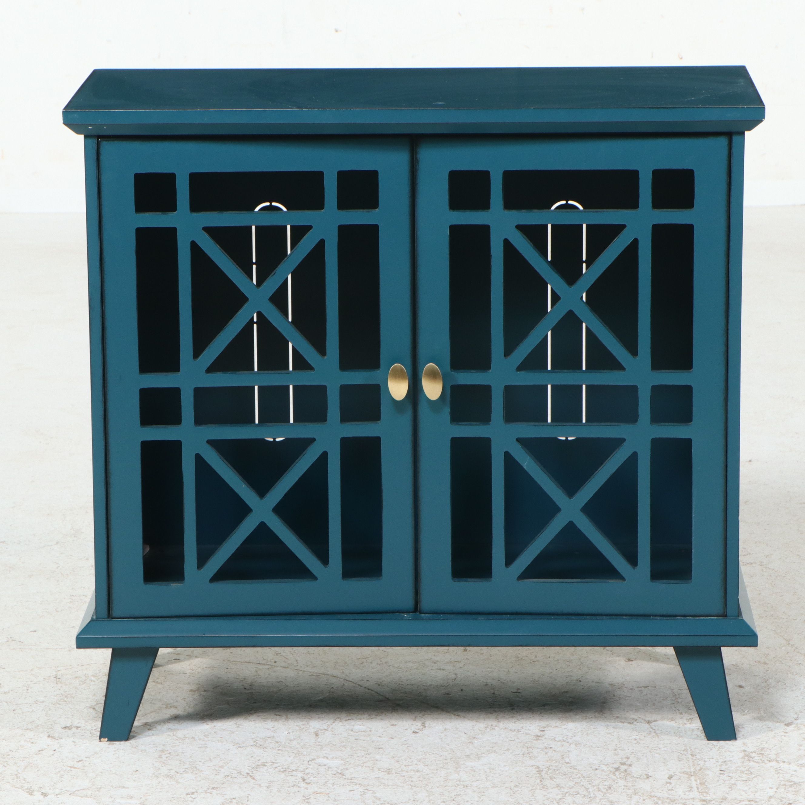 Walker Edison Contemporary Hollywood Regency Style "Fretwork" Teal Cabinet