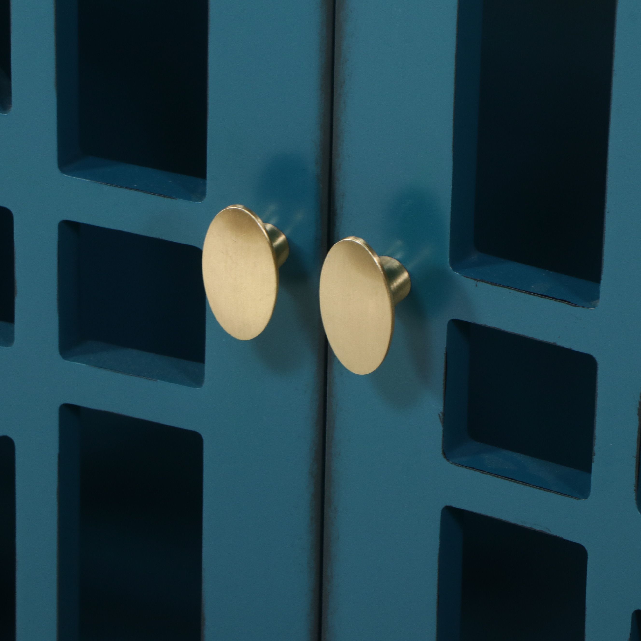 Walker Edison Contemporary Hollywood Regency Style "Fretwork" Teal Cabinet