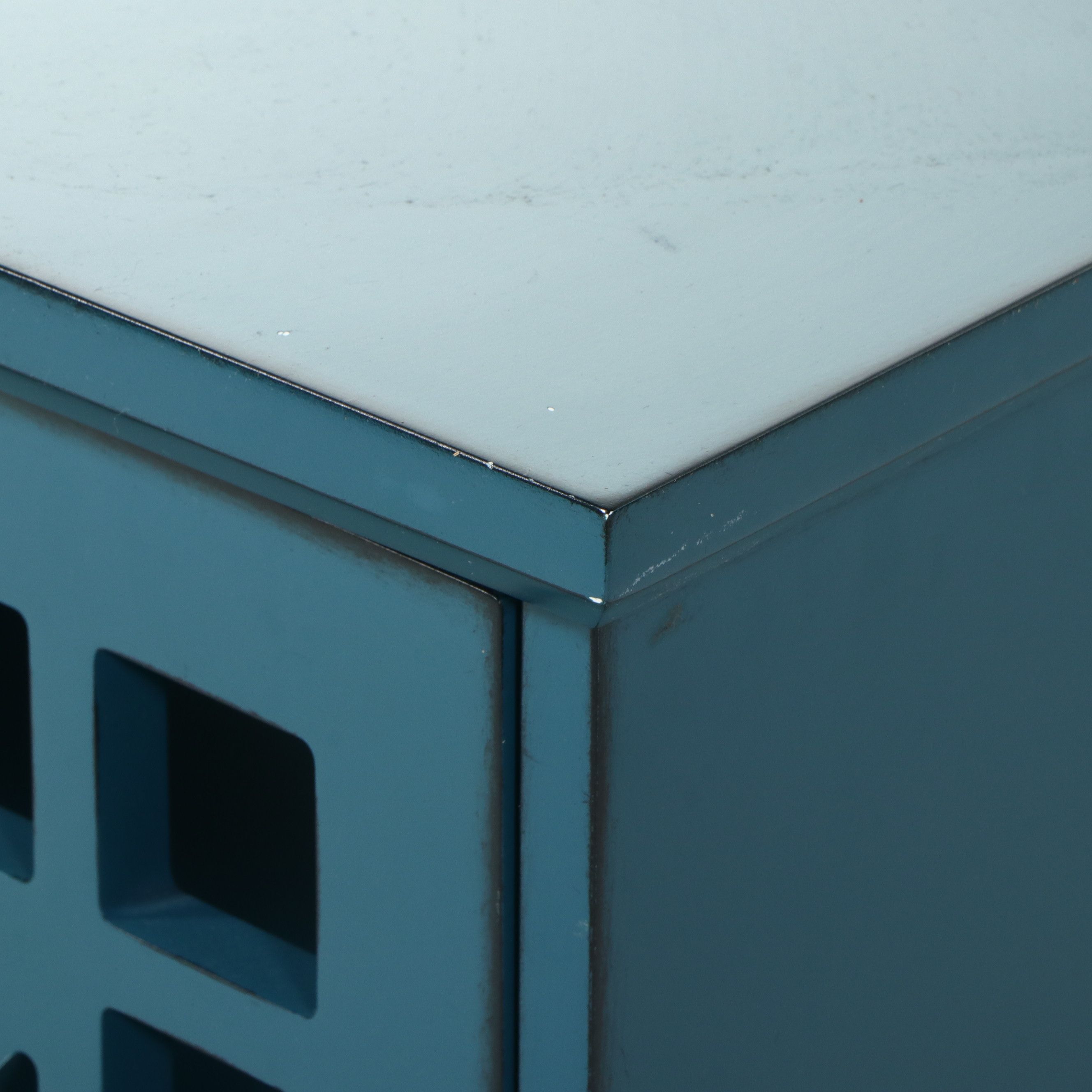 Walker Edison Contemporary Hollywood Regency Style "Fretwork" Teal Cabinet