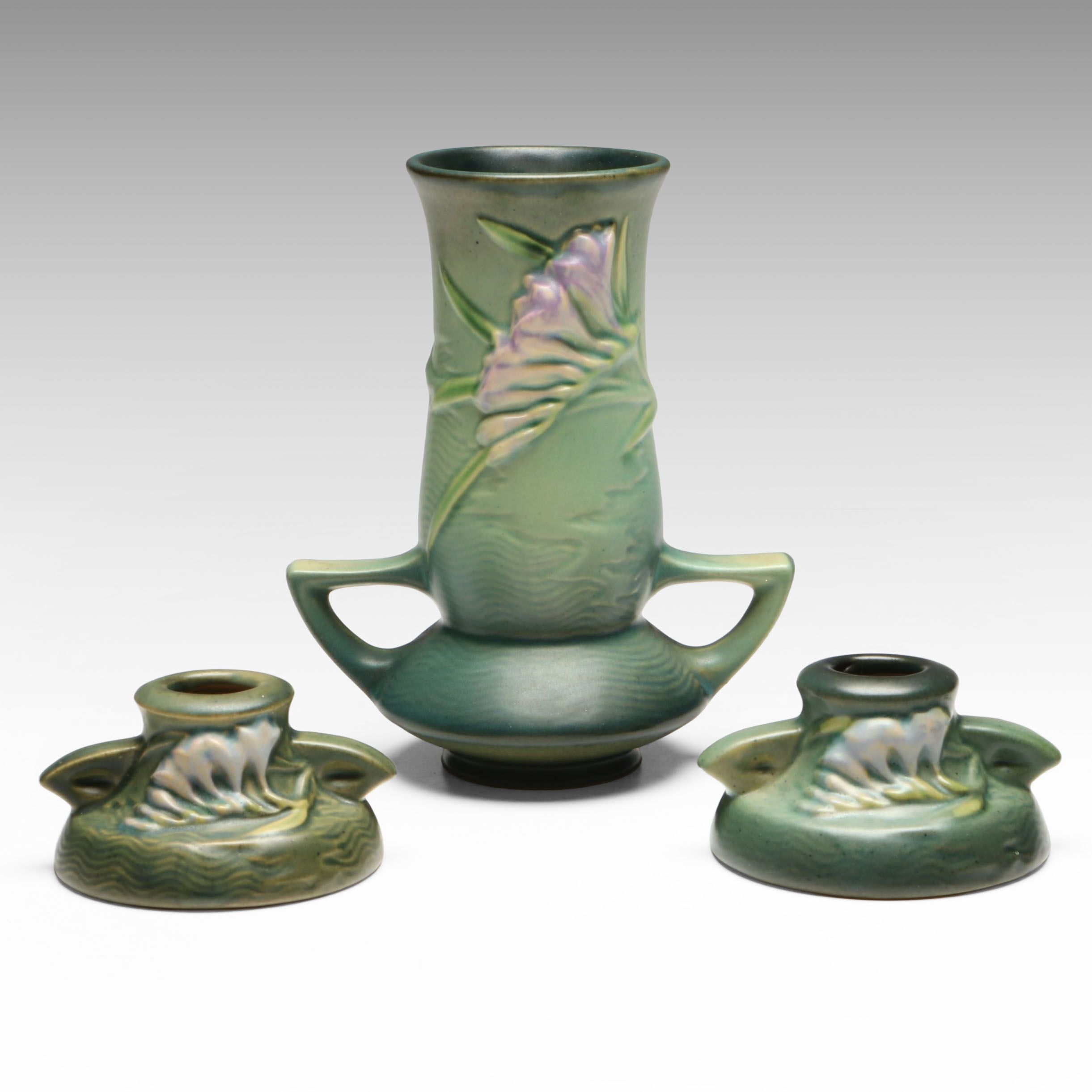 Roseville Pottery "Freesia" Green Ceramic Vase and Candle Holders, Mid-20th C.