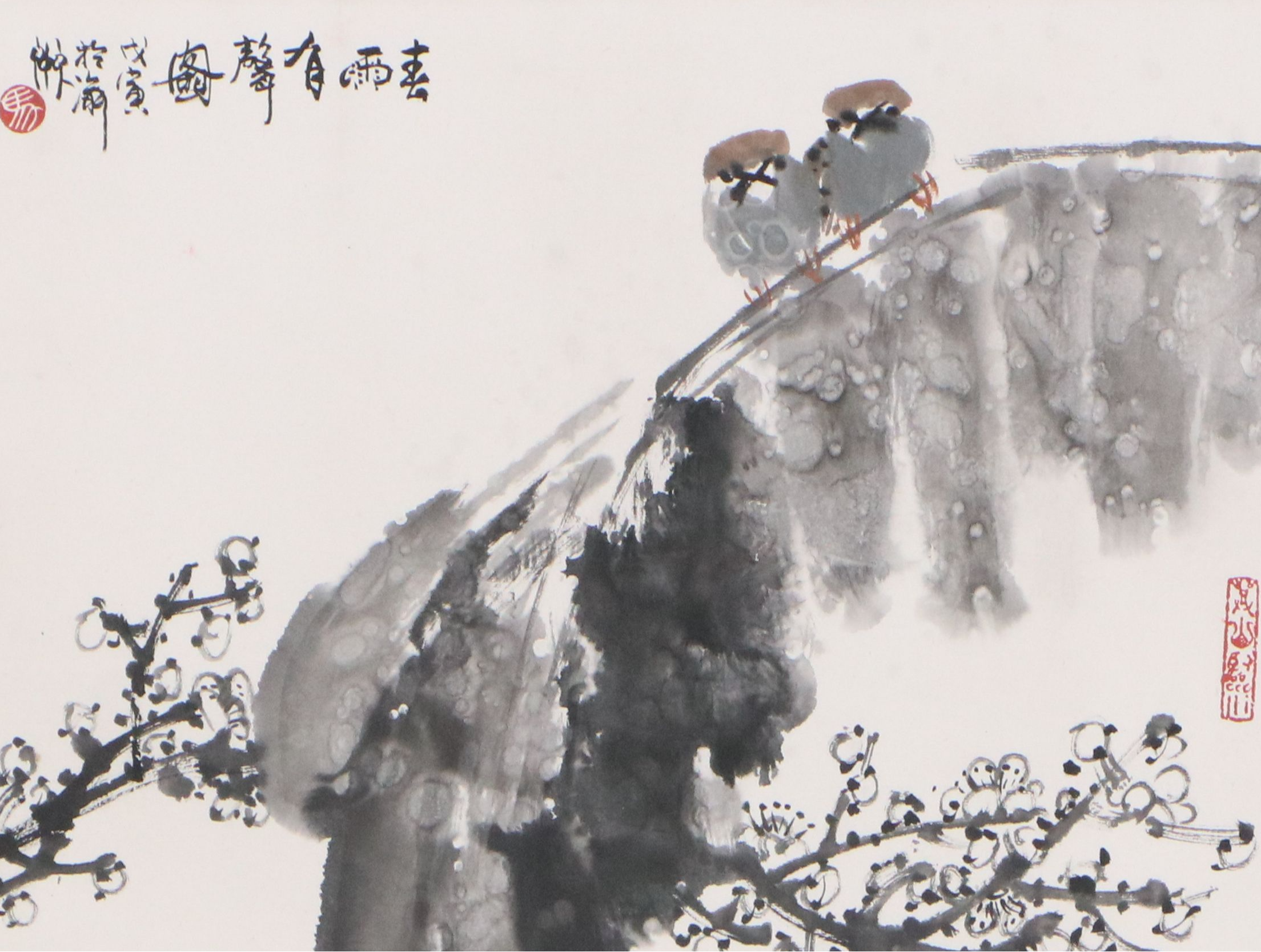 Chinese Sumi-e Ink Wash Painting of Two Sparrows Perched on Branch