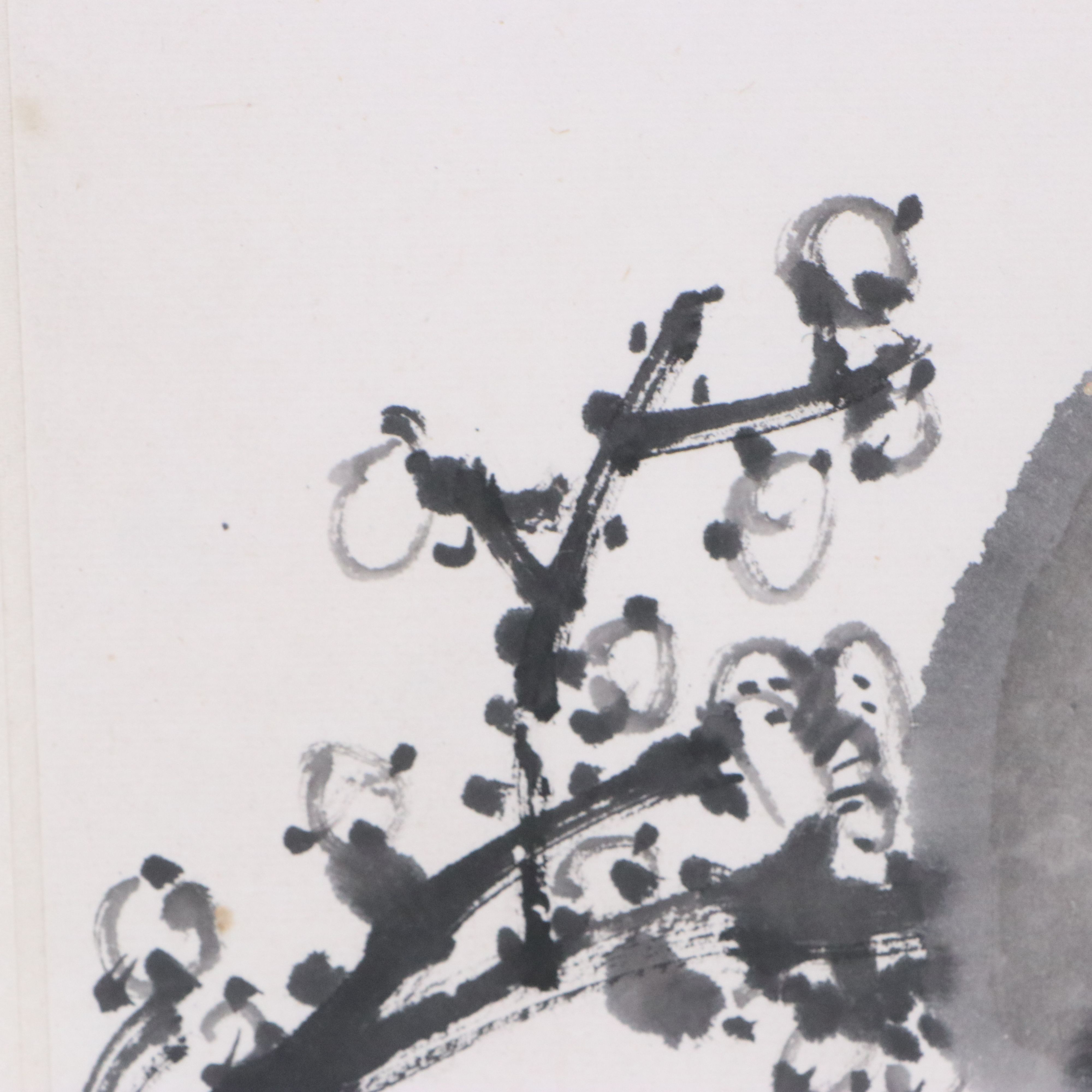 Chinese Sumi-e Ink Wash Painting of Two Sparrows Perched on Branch