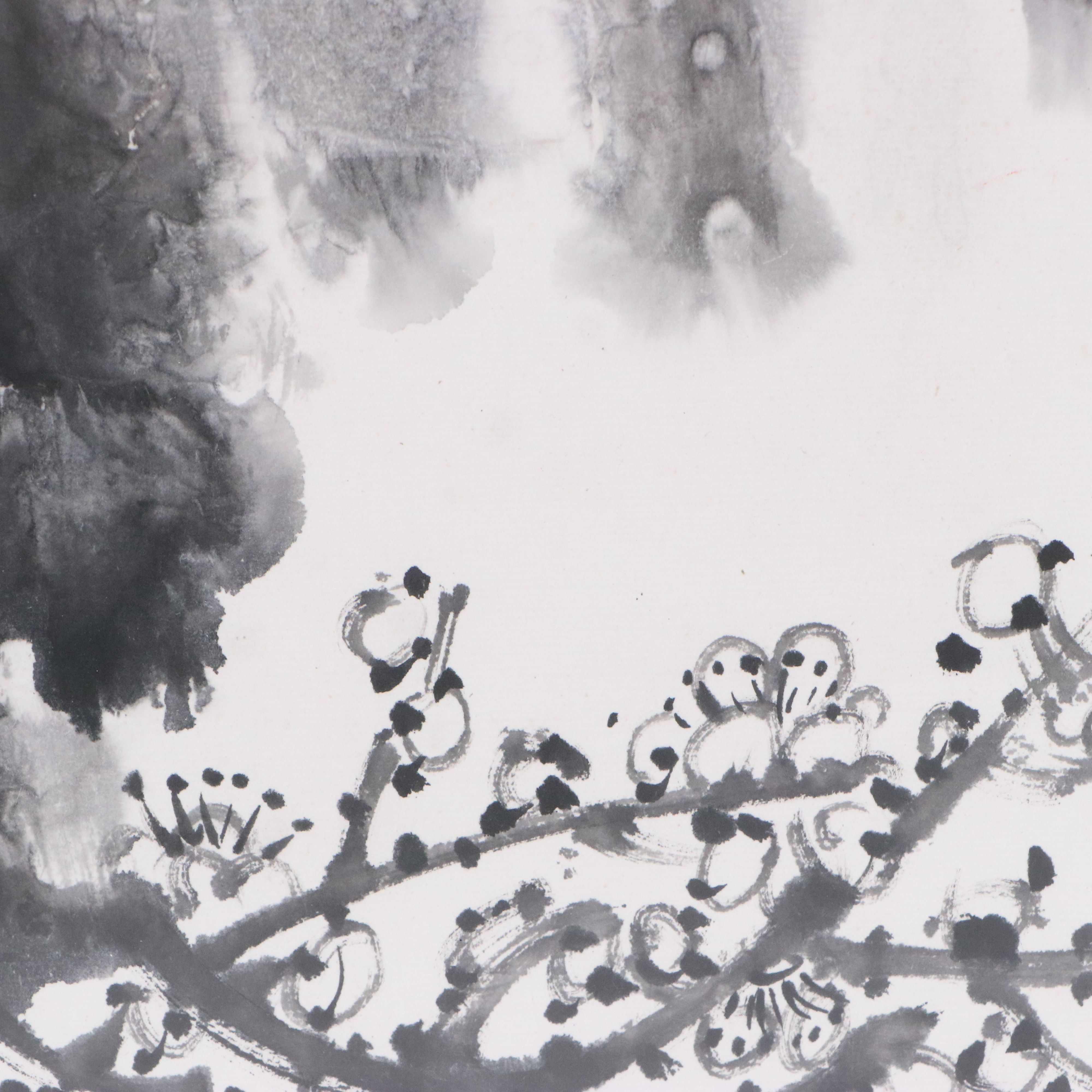 Chinese Sumi-e Ink Wash Painting of Two Sparrows Perched on Branch