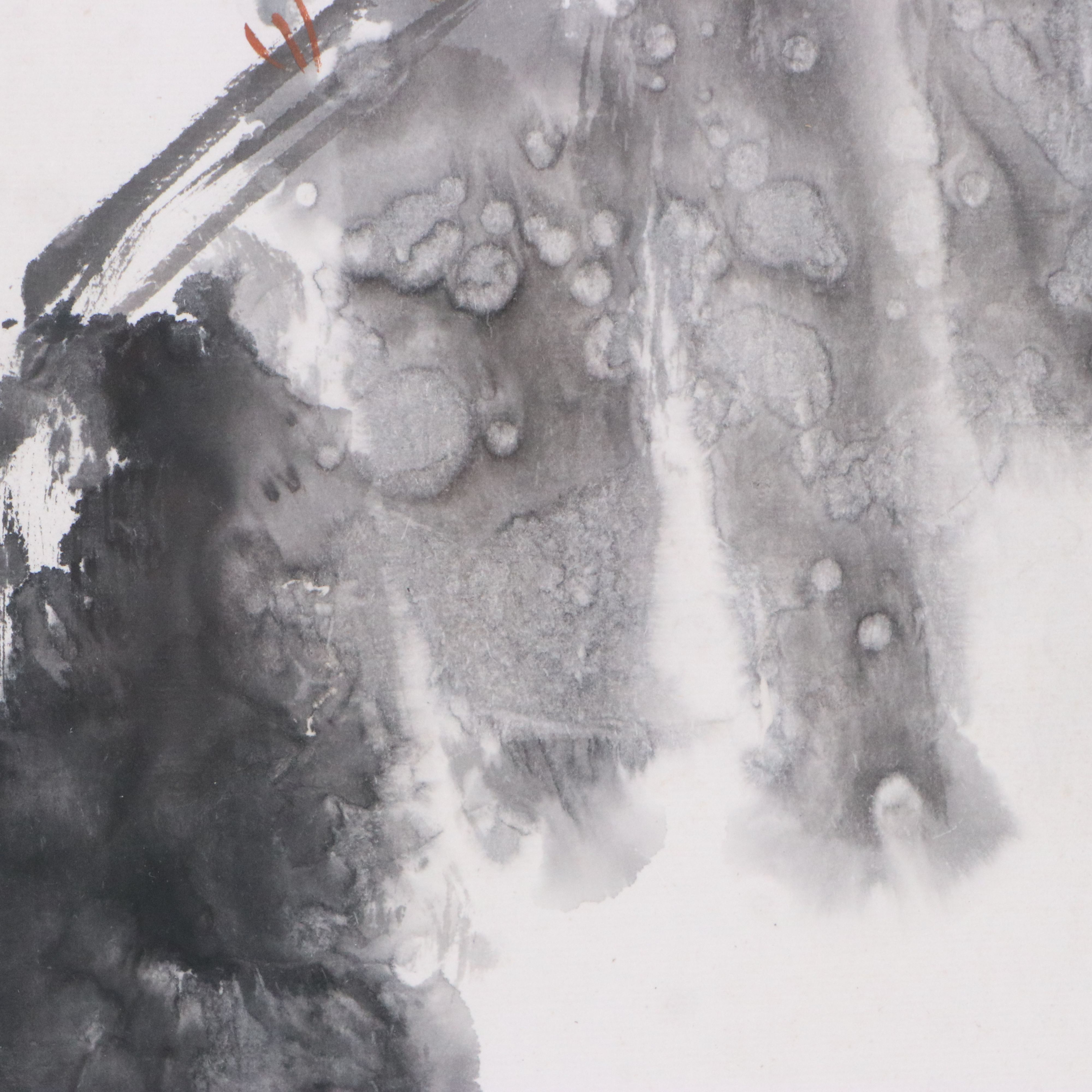 Chinese Sumi-e Ink Wash Painting of Two Sparrows Perched on Branch