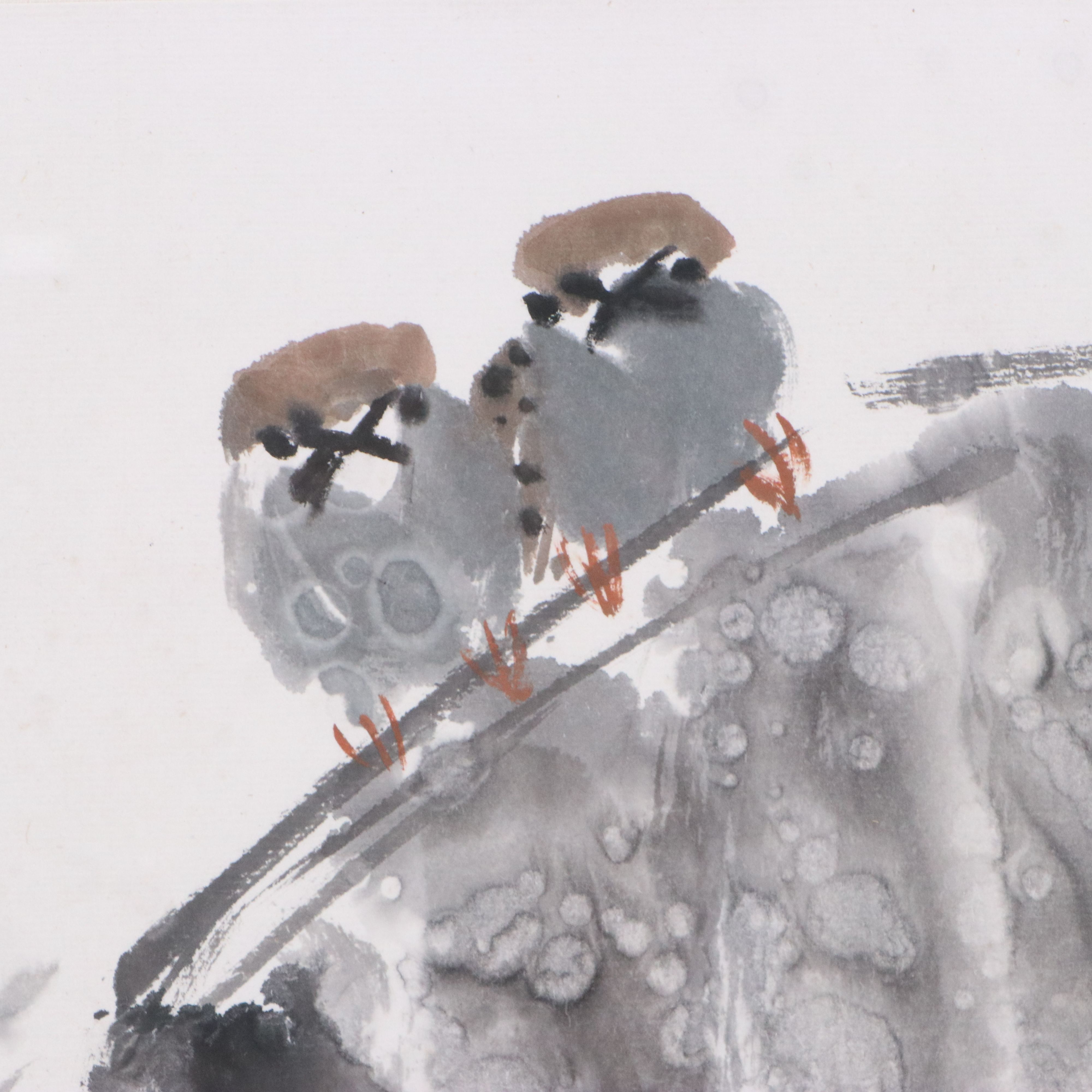 Chinese Sumi-e Ink Wash Painting of Two Sparrows Perched on Branch