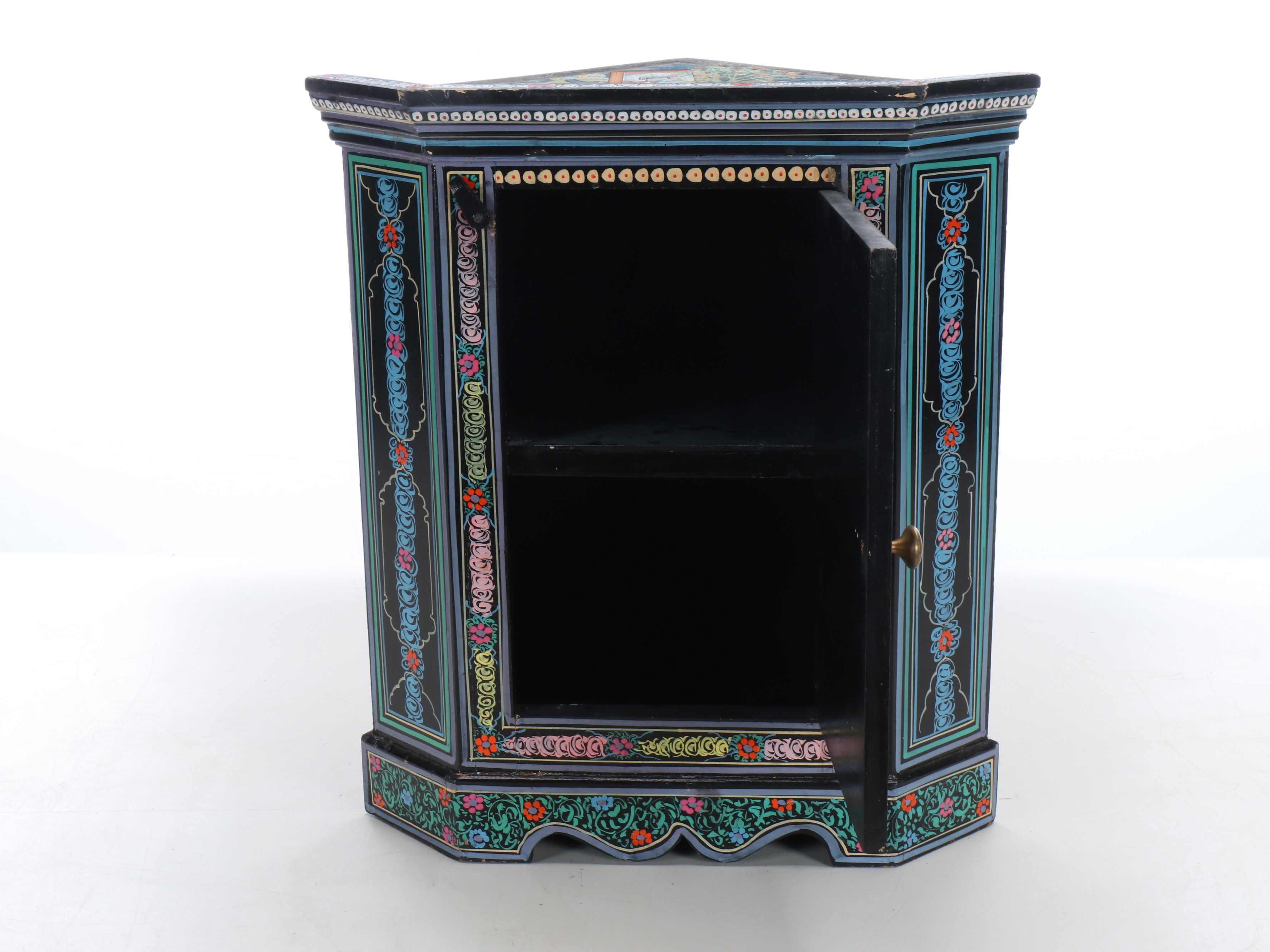 Indo-Persian Hand-Painted Polychrome Corner Cabinet, Late 20th Century