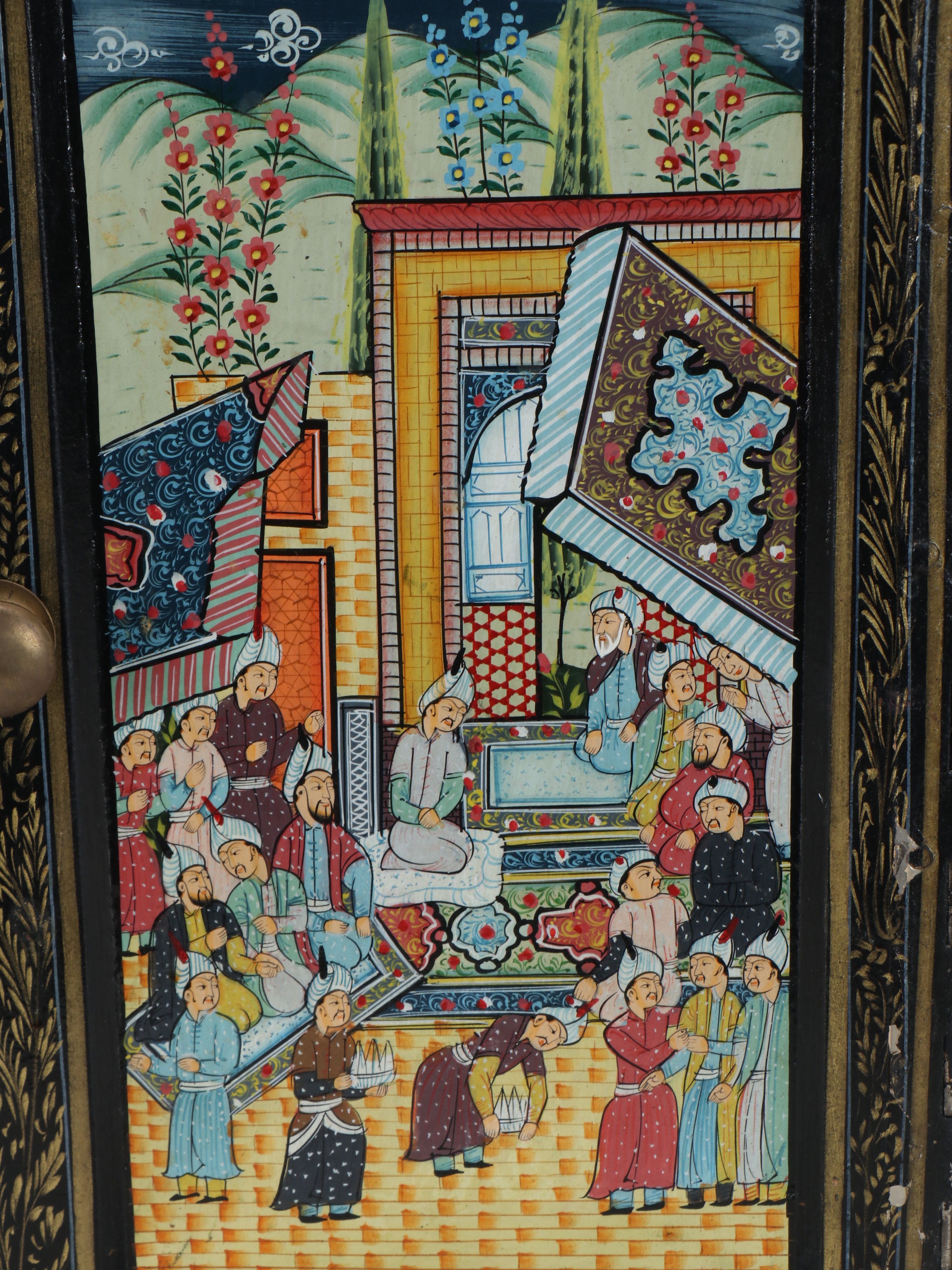 Indo-Persian Hand-Painted Polychrome Corner Cabinet, Late 20th Century