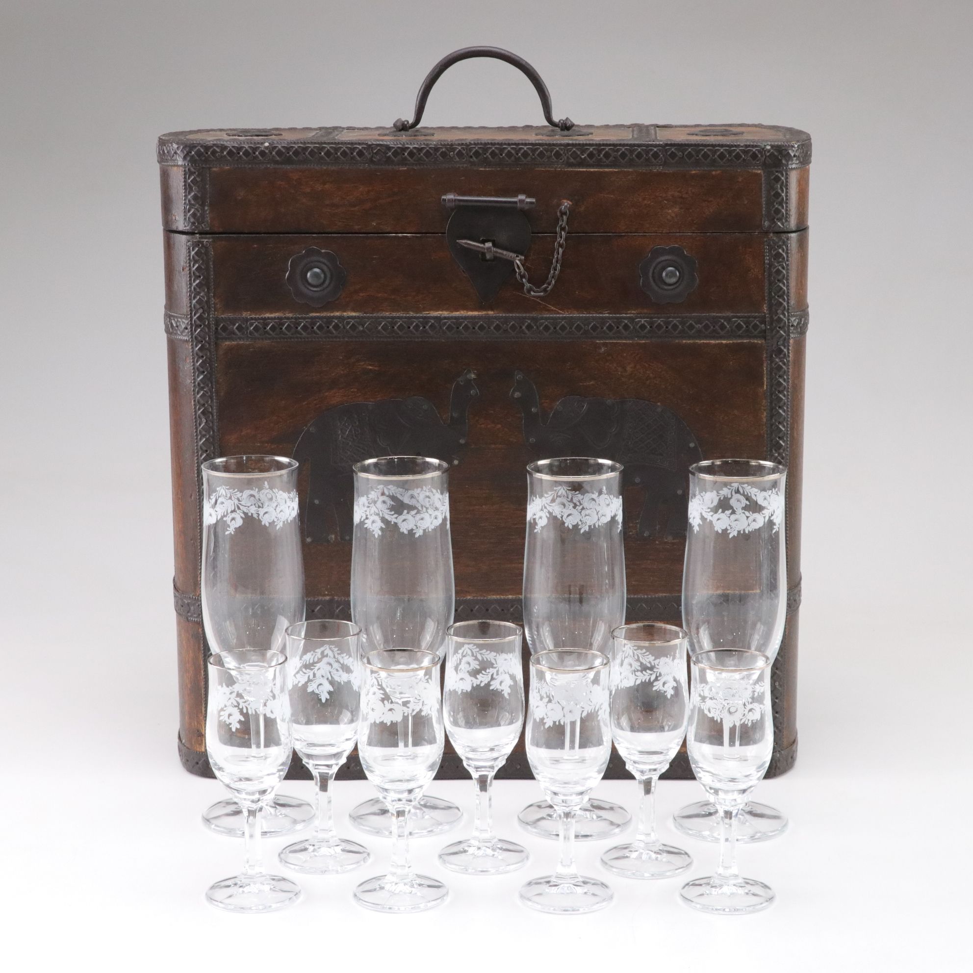 Wooden Wine Bottle Box with Metal Elephant Motif & Champagne Flutes and Cordials