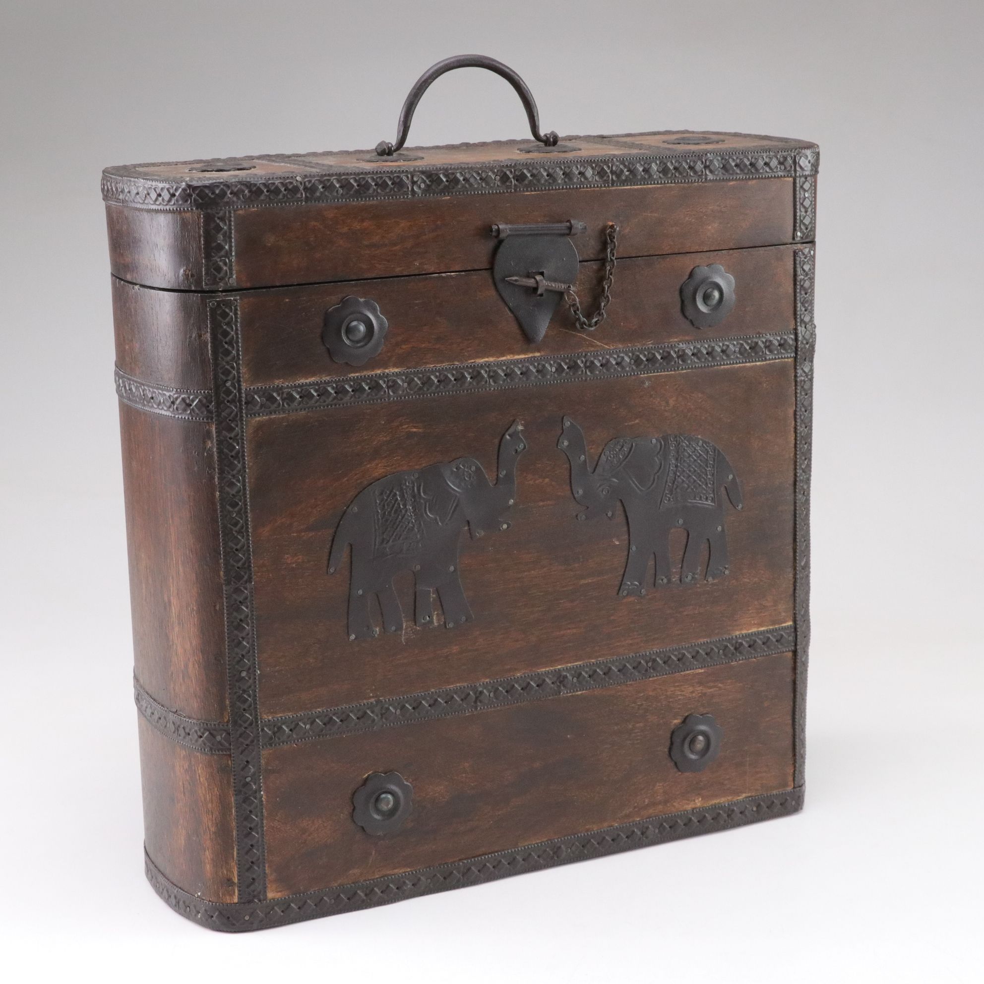 Wooden Wine Bottle Box with Metal Elephant Motif & Champagne Flutes and Cordials