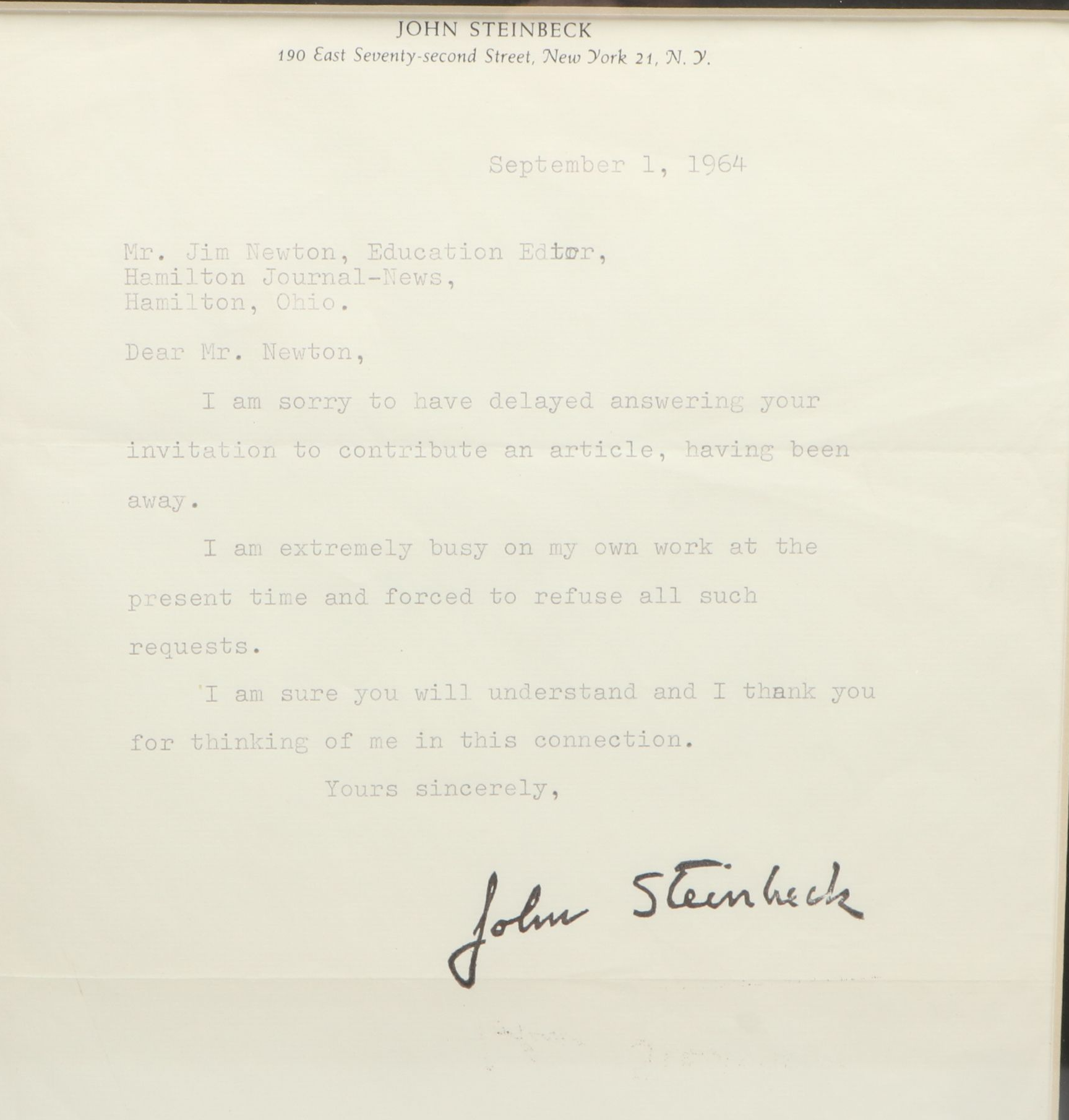 John Steinbeck Stamped Letter with Lawrence Welk Signature, Mid-20th C.
